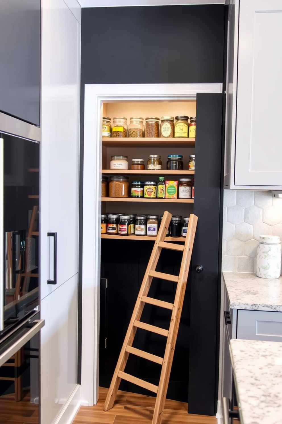 A pantry door with a chalkboard finish stands out in a contemporary setting. The door is framed by sleek cabinetry, creating a seamless integration with the surrounding kitchen design. Inside, open shelving displays neatly organized jars and spices, enhancing both functionality and aesthetics. A small wooden ladder leans against the shelves, adding a touch of rustic charm to the modern space.