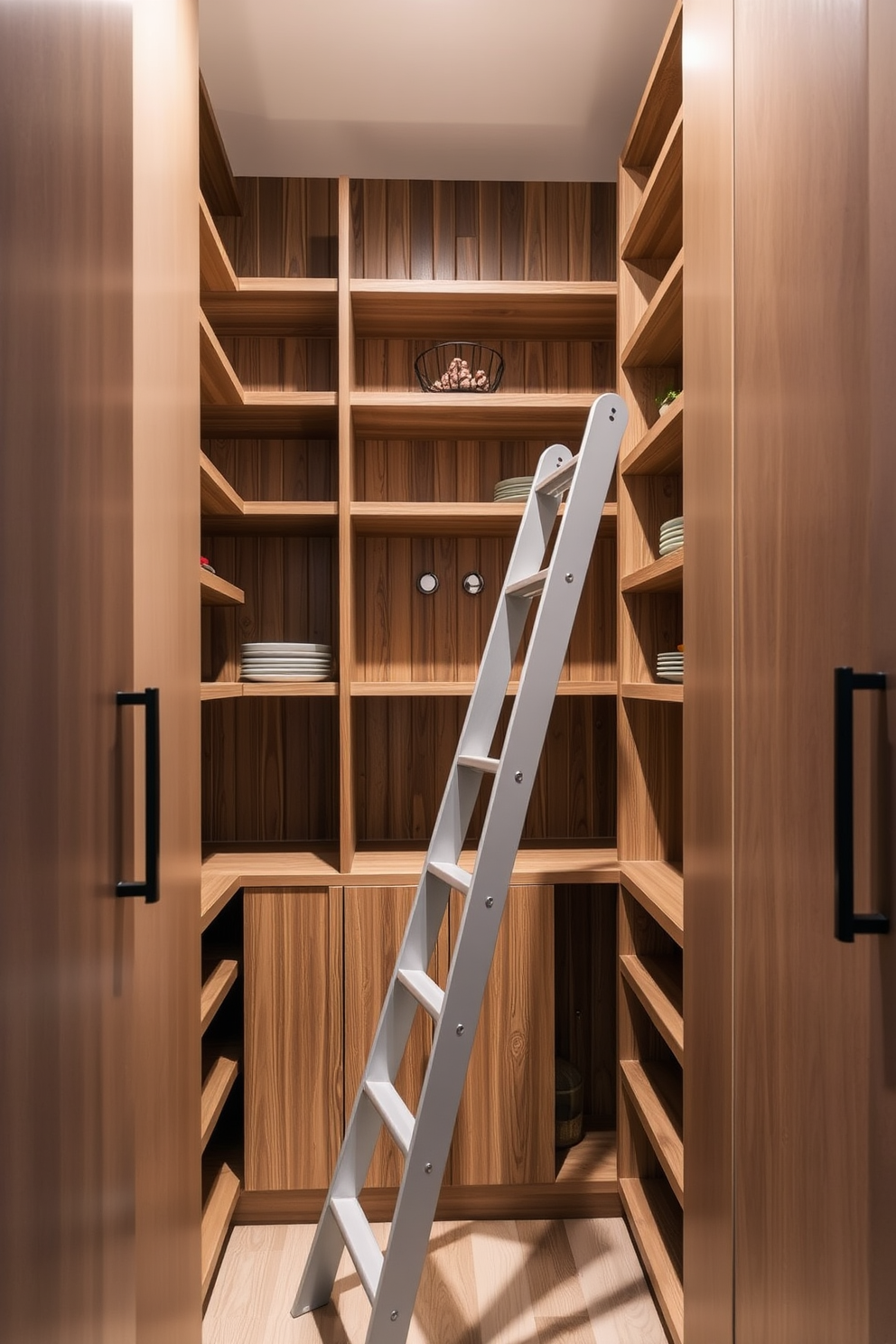 A contemporary pantry design featuring a sleek ladder for reaching high shelves. The space is organized with open shelving in a warm wood finish, complemented by modern metal accents and soft ambient lighting.