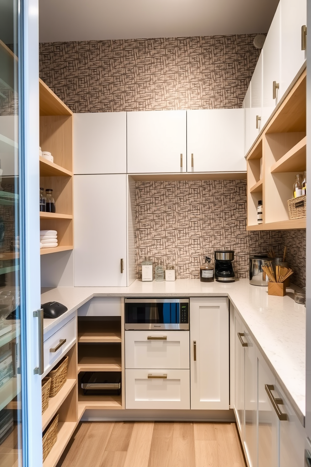 A contemporary pantry featuring textured wallpaper that adds depth and visual interest to the space. The pantry includes sleek cabinetry with a mix of open shelving and closed storage, complemented by modern appliances and stylish organization solutions.