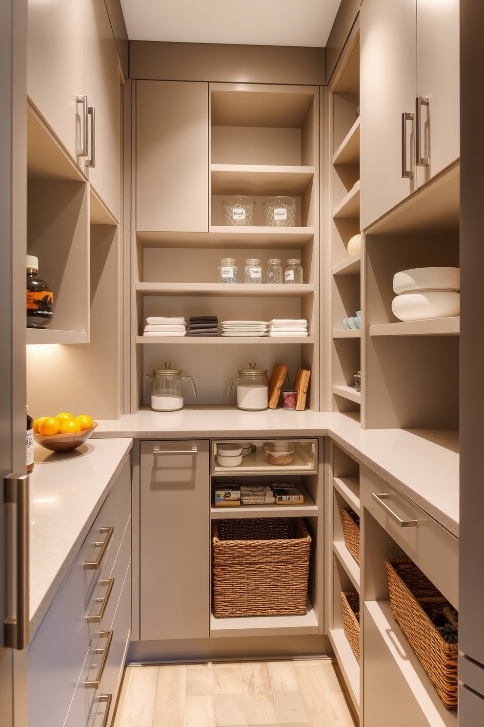 Custom cabinetry designed to fit unique spaces enhances functionality and style in any contemporary pantry. The cabinetry features sleek lines and a mix of open shelving and closed storage, allowing for easy access and organization of kitchen essentials.