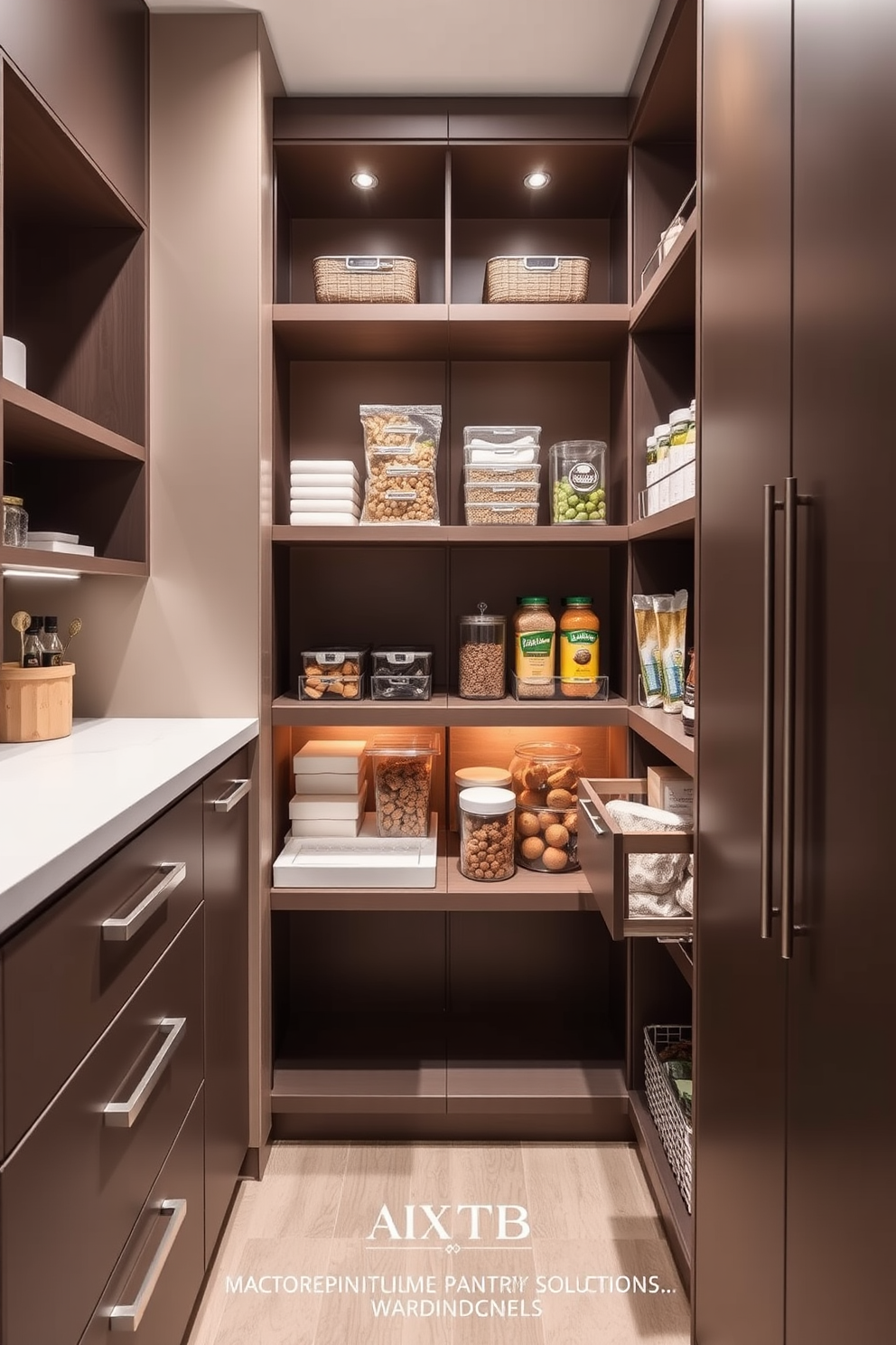 Smart storage solutions for small items. This contemporary pantry features sleek cabinetry with pull-out shelves and integrated organizers, maximizing space efficiency while maintaining a clean aesthetic. The design includes a combination of open and closed storage, allowing easy access to frequently used items while keeping the pantry looking tidy. Soft LED lighting highlights the organized shelves, creating an inviting atmosphere for meal prep and cooking.