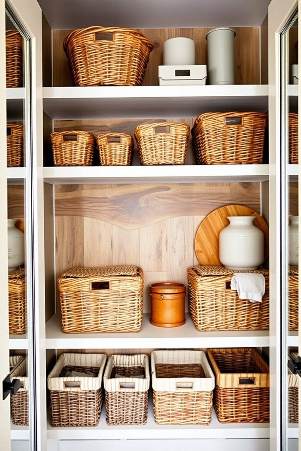 A contemporary pantry design featuring decorative baskets that add a rustic touch. The pantry includes open shelving made of reclaimed wood, with neatly arranged baskets in varying sizes for storage and organization.