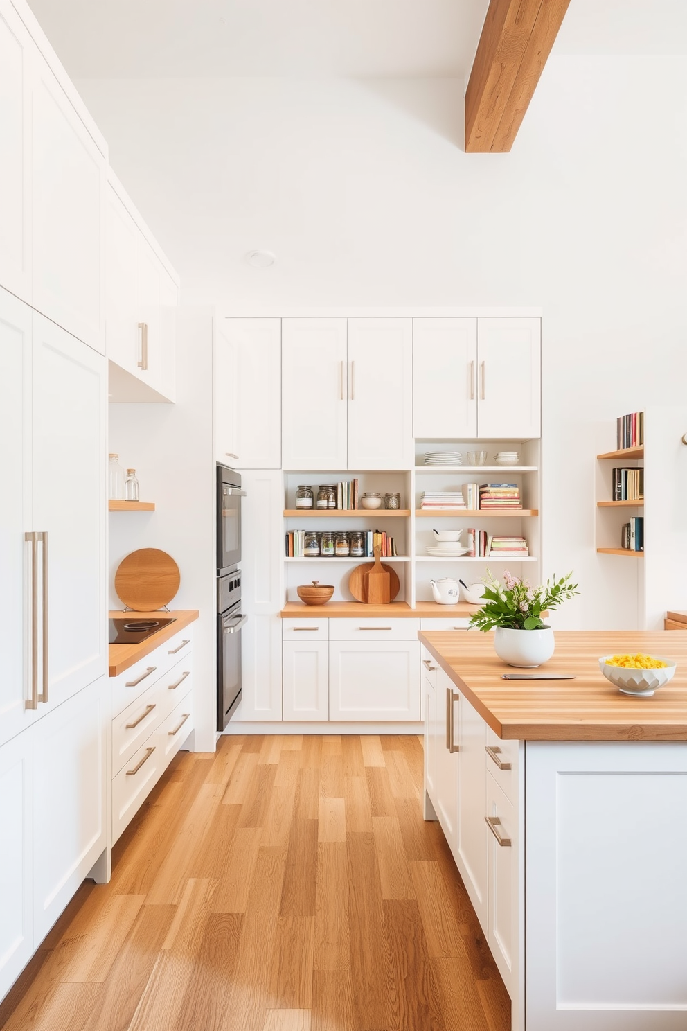 Open concept pantry with seamless kitchen flow. The design features sleek cabinetry in a soft white finish paired with natural wood accents. An island with a butcher block top serves as a central workspace. Open shelving displays neatly organized jars and cookbooks, enhancing the inviting atmosphere.