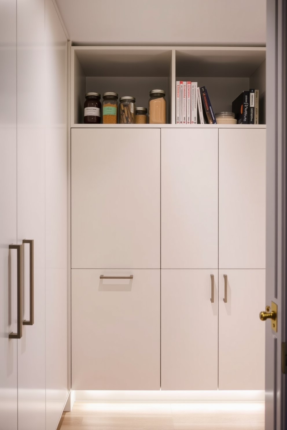 Minimalist cabinets with sleek handles create a clean and organized look in a contemporary pantry. The cabinetry features a soft matte finish, blending seamlessly with the neutral color palette of the space. Open shelving above the cabinets showcases neatly arranged jars and cookbooks, adding an element of accessibility. A subtle under-cabinet lighting highlights the pantry's contents while enhancing the overall ambiance.