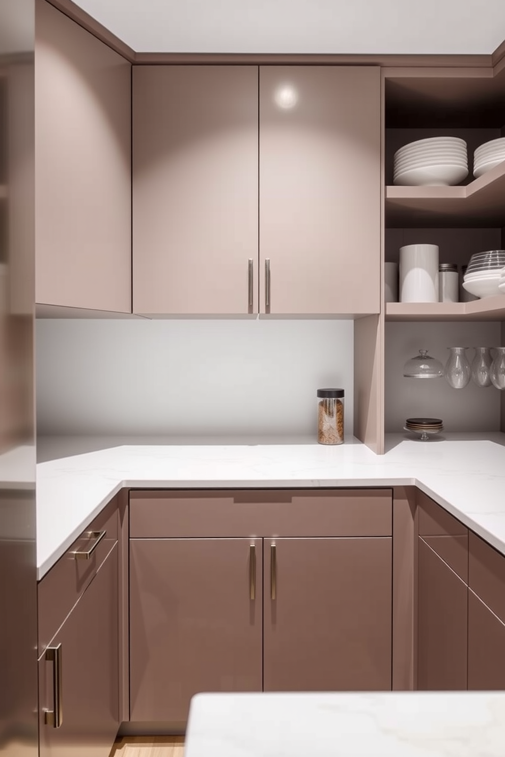 A contemporary pantry design featuring sleek countertops with a polished finish that reflects light beautifully. The cabinetry is minimalist with clean lines, complemented by open shelving displaying organized jars and elegant kitchenware.