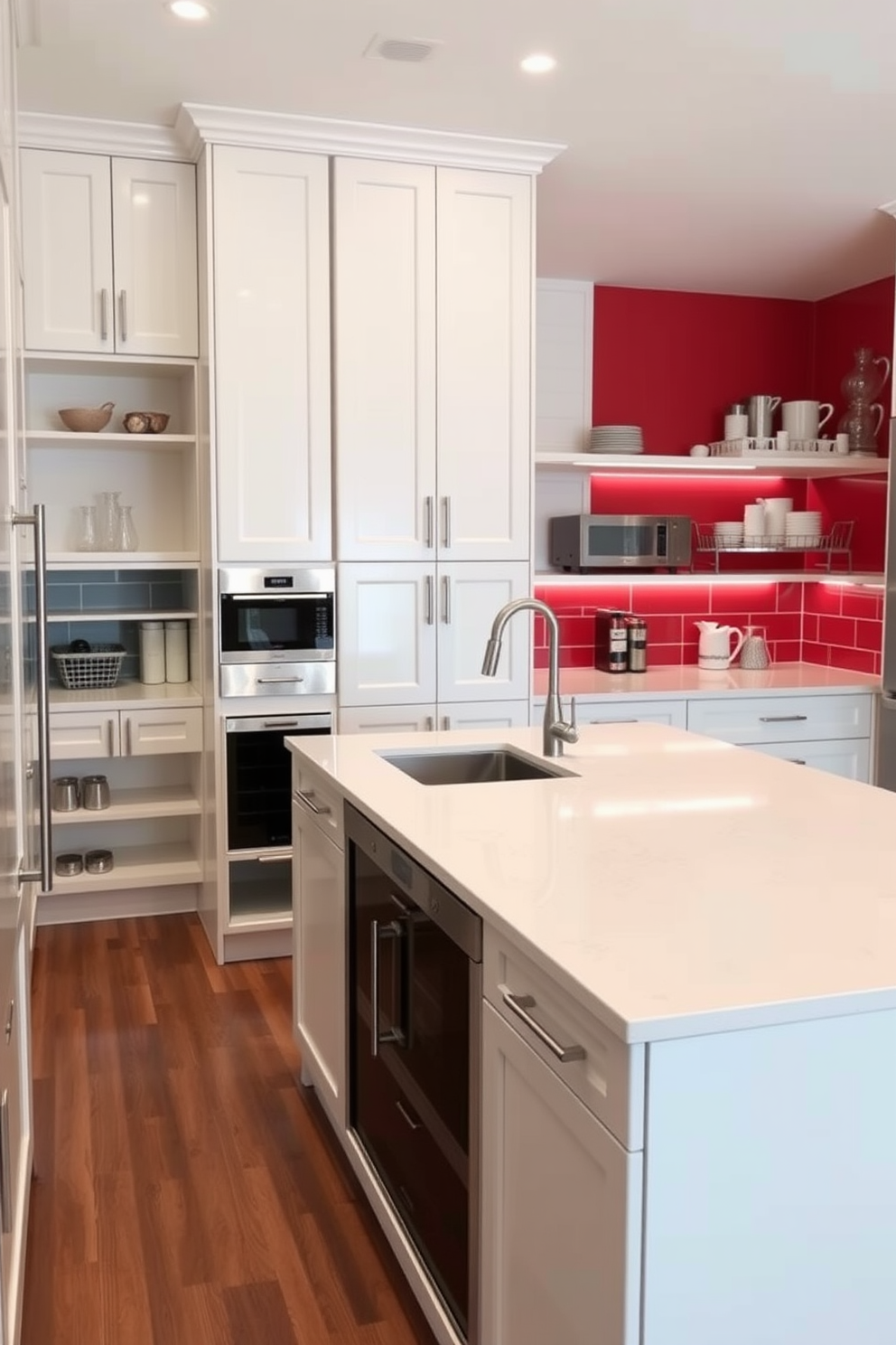 A functional workstation features a sleek island with ample prep space and built-in storage. The cabinetry is finished in a soft white, complemented by brushed nickel hardware and a quartz countertop. The contemporary pantry design includes open shelving for easy access to essentials and a dedicated area for small appliances. A bold backsplash adds a pop of color, while under-cabinet lighting enhances the modern aesthetic.