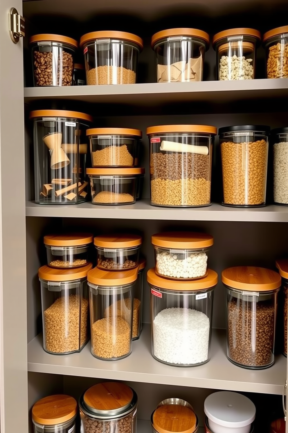 A contemporary pantry design featuring stackable containers for optimal organization. The containers are made of clear glass with wooden lids, neatly arranged on open shelving that showcases the contents.