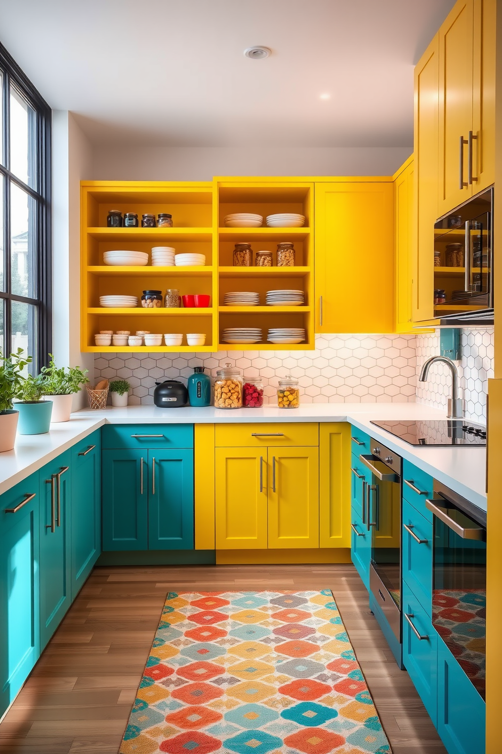 Bright color scheme for a cheerful vibe. The pantry features vibrant yellow cabinets paired with teal accents and a white countertop. Open shelving displays colorful dishware and jars filled with snacks. A playful patterned rug adds warmth to the space, enhancing the inviting atmosphere. Large windows allow natural light to flood in, highlighting the cheerful colors. Potted herbs on the windowsill bring a touch of greenery and freshness to the design. Contemporary pantry design ideas. The layout includes sleek cabinetry with minimalist hardware and a functional island for meal prep. Smart storage solutions maximize space, featuring pull-out drawers and hidden compartments. A stylish backsplash in geometric tiles adds a modern touch to the overall aesthetic. Energy-efficient appliances blend seamlessly into the cabinetry for a streamlined look. Soft LED lighting under the shelves creates an inviting ambiance in the pantry.