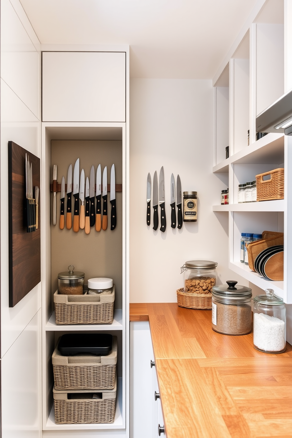 A contemporary pantry design featuring magnetic strips for knife and tool storage. The pantry has sleek cabinetry with a minimalist aesthetic and open shelving for easy access to spices and cooking essentials. The walls are painted in a soft white hue to enhance brightness and create an airy feel. A wooden countertop provides ample workspace, complemented by stylish storage jars and baskets for organization.