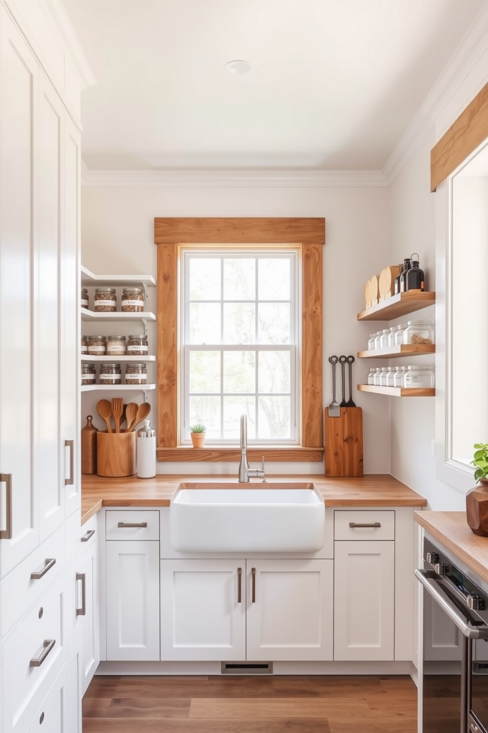 A contemporary pantry featuring a farmhouse sink adds a practical yet stylish element to the space. The cabinetry is sleek and modern, with open shelving displaying neatly organized jars and utensils. The walls are painted in a soft white, enhancing the brightness of the room. Rustic wooden accents and a large window allow natural light to flood in, creating an inviting atmosphere.