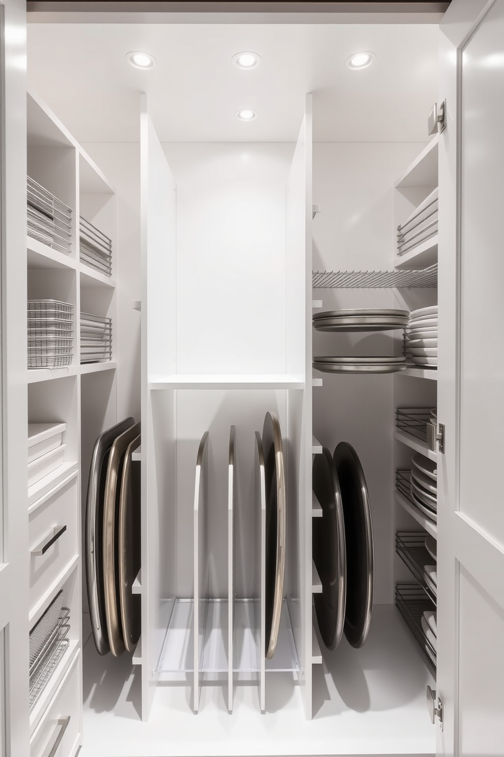 A contemporary pantry design featuring vertical dividers specifically for organizing baking sheets and pans. The space is illuminated by soft recessed lighting, and the cabinetry is finished in a sleek white with brushed nickel handles.