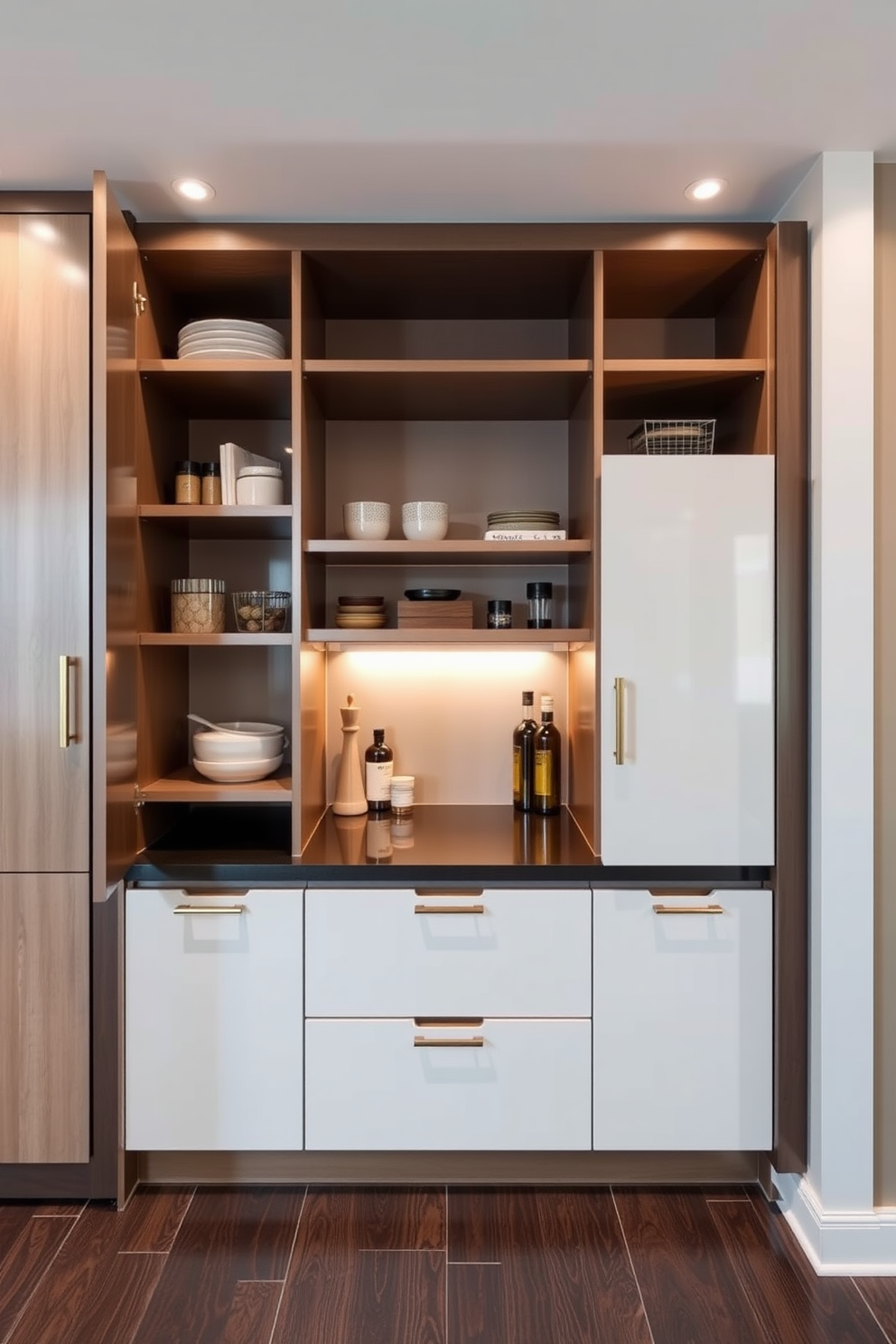 A sleek pull-out pantry designed for compact living. It features a combination of open shelving and closed cabinets, maximizing storage while maintaining a modern aesthetic.