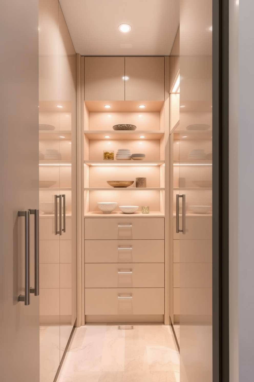 A contemporary pantry design featuring sleek cabinetry with a glossy finish. Accent lighting is strategically placed to highlight the pantry's shelves and decorative elements, creating a warm and inviting atmosphere.