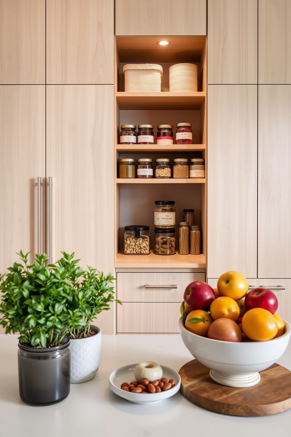 A contemporary pantry design featuring sleek cabinetry in a light wood finish. The space includes open shelving displaying neatly organized jars and containers, with a subtle backsplash in a soft gray tone. Seasonal decor elements are thoughtfully arranged to bring warmth and vibrancy to the space. Fresh herbs in decorative pots sit on the countertop alongside seasonal fruits in a stylish bowl.