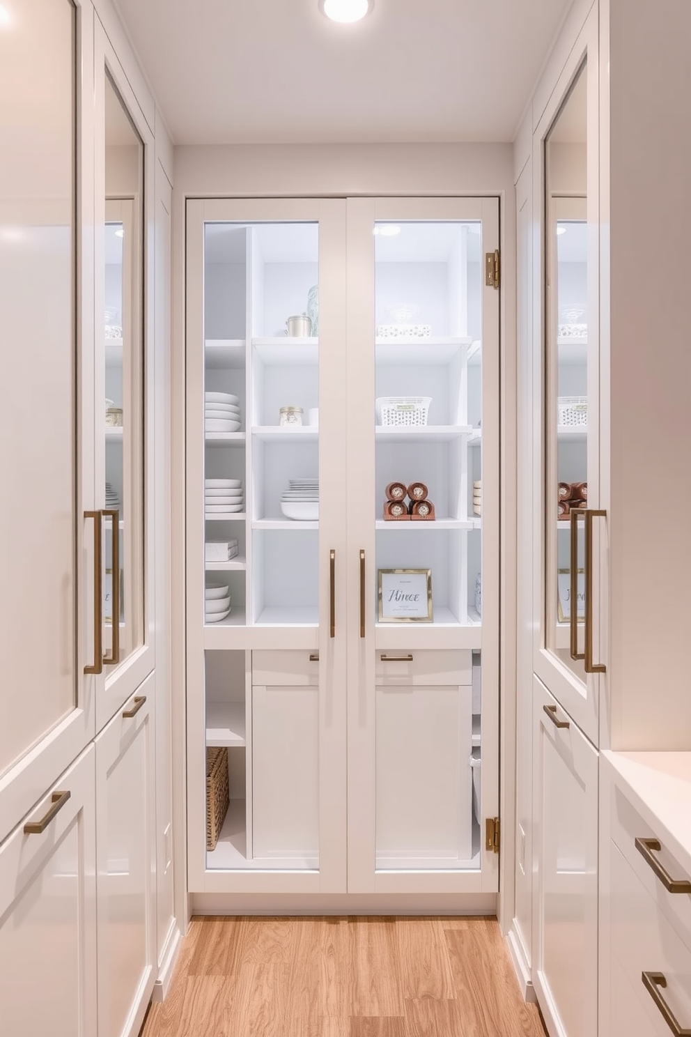 A contemporary pantry featuring glass-front doors that allow for visibility and showcase organized storage. The space is designed with sleek cabinetry in a soft white finish, complemented by minimalist hardware and open shelving for easy access to essentials.