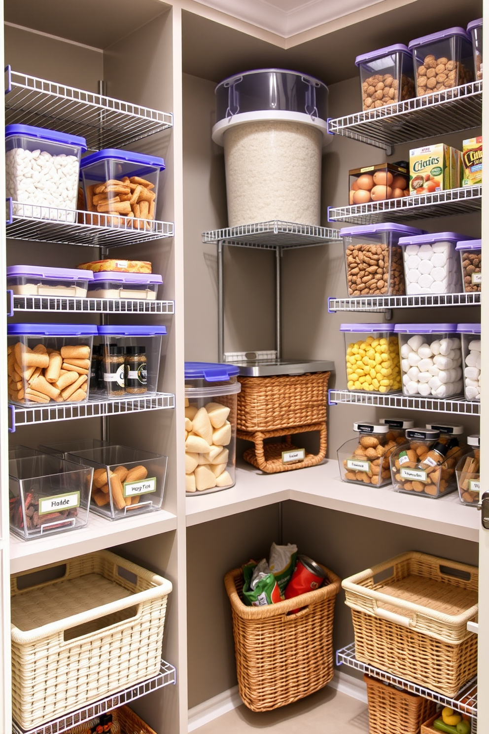 A contemporary pantry design featuring wall-mounted racks for easy access to frequently used items. The space is organized with clear storage containers and labeled baskets, creating a streamlined and functional aesthetic.