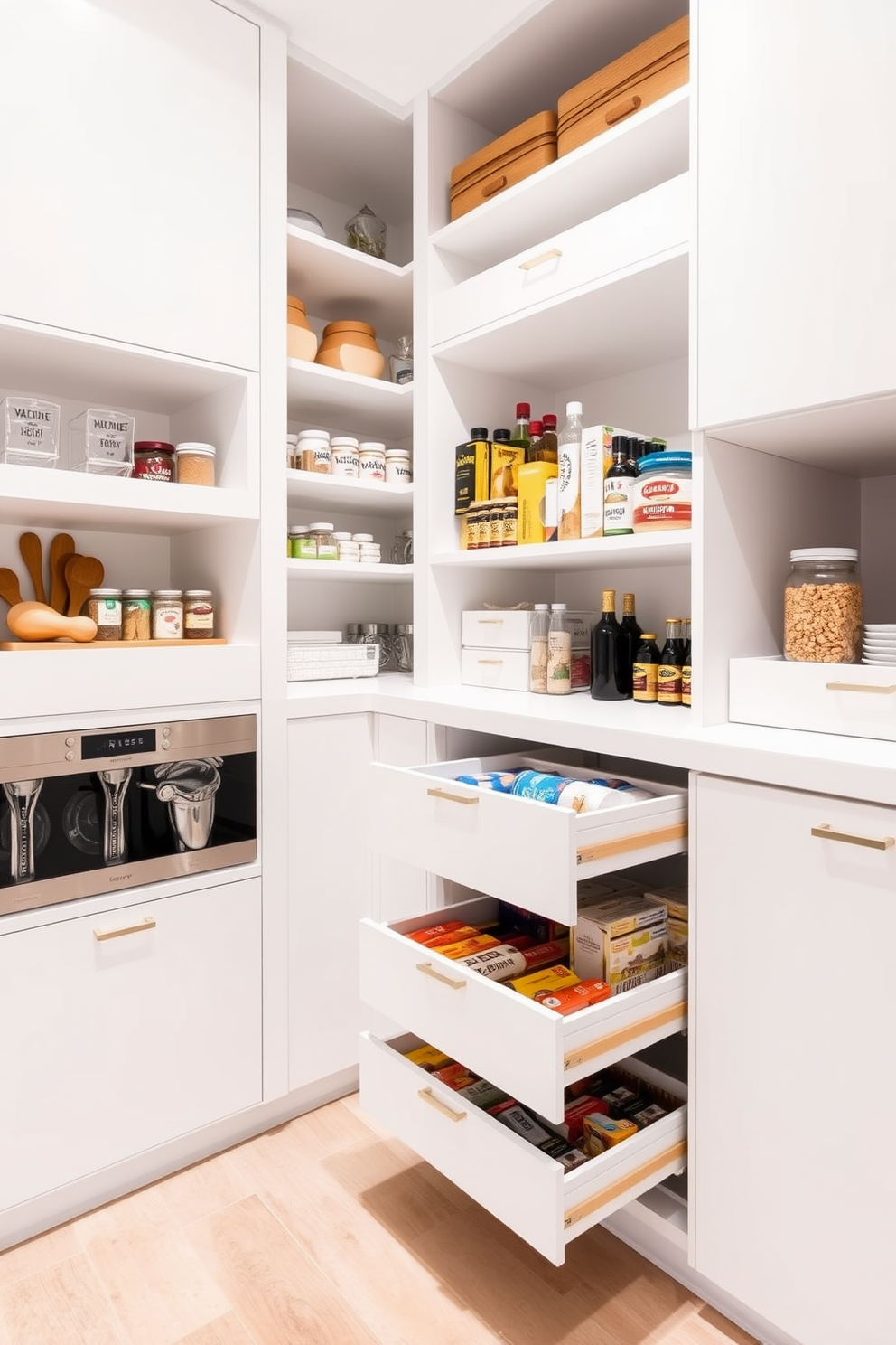 A contemporary pantry design featuring pull-out drawers for organized ingredients. The space is bright and airy with sleek cabinetry and a minimalist aesthetic, creating an efficient and stylish storage solution.