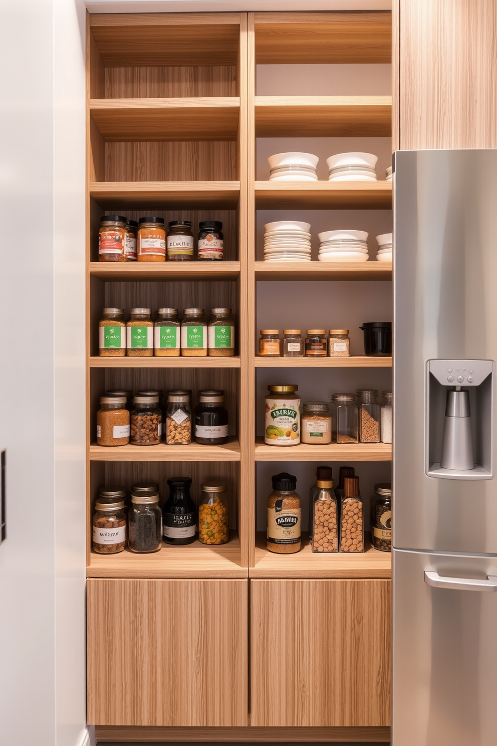 A contemporary pantry design featuring corner shelving to maximize space efficiency. The shelves are made of sleek wood with a modern finish, neatly organized with jars, spices, and kitchen essentials.