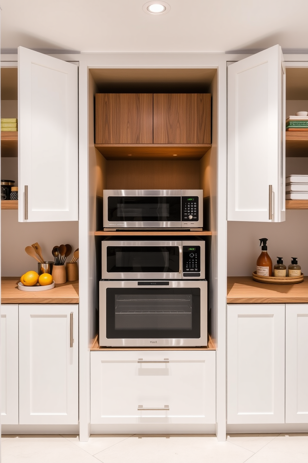 A contemporary pantry design featuring hidden appliances behind sleek cabinet doors. The cabinetry is finished in a soft matte white, seamlessly blending with the overall aesthetic while providing ample storage space.