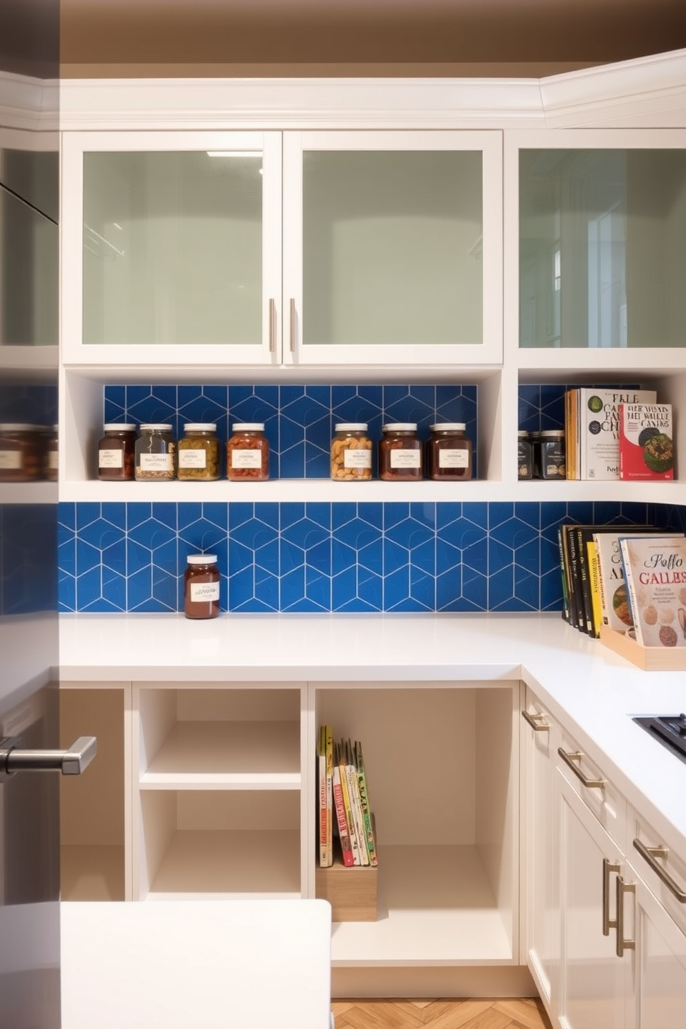 A contemporary pantry featuring a bold backsplash in vibrant blue with geometric patterns that create visual interest. The cabinetry is sleek and minimalist, complemented by open shelving displaying neatly organized jars and cookbooks.