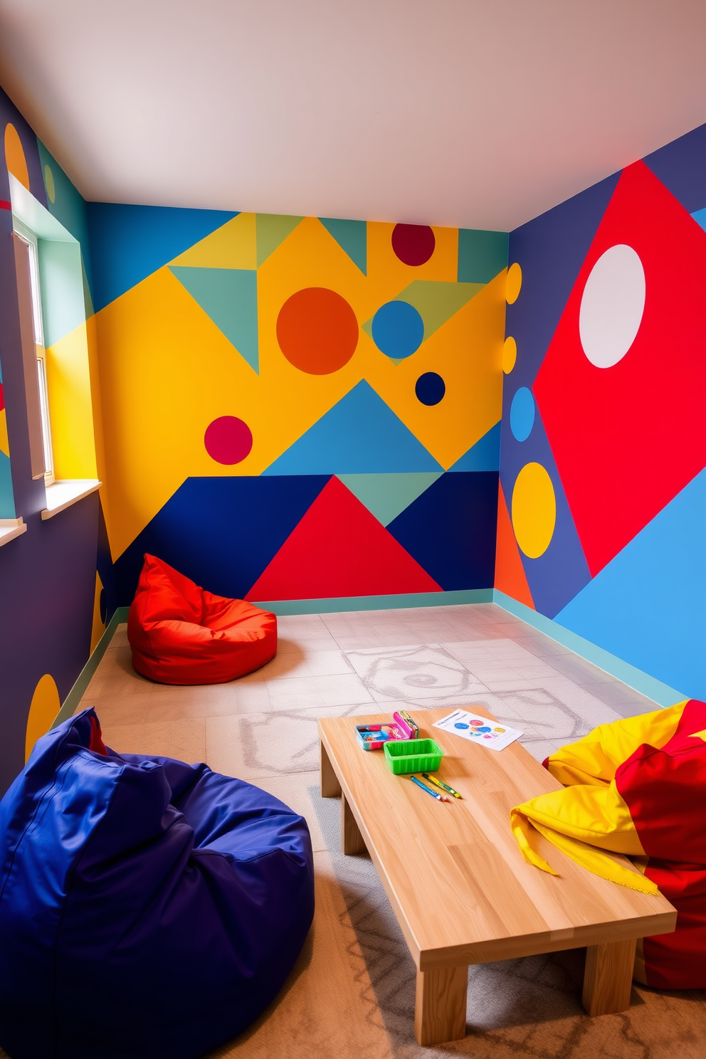 Bright geometric wall patterns create a vibrant atmosphere in the playroom with bold colors and playful shapes. The walls are adorned with a mix of triangles and circles in shades of blue, yellow, and red, stimulating creativity and fun. The flooring features soft, cushioned tiles in a neutral tone to provide a safe play area. Colorful bean bags and a low wooden table with art supplies invite children to engage in various activities, enhancing the contemporary design of the space.