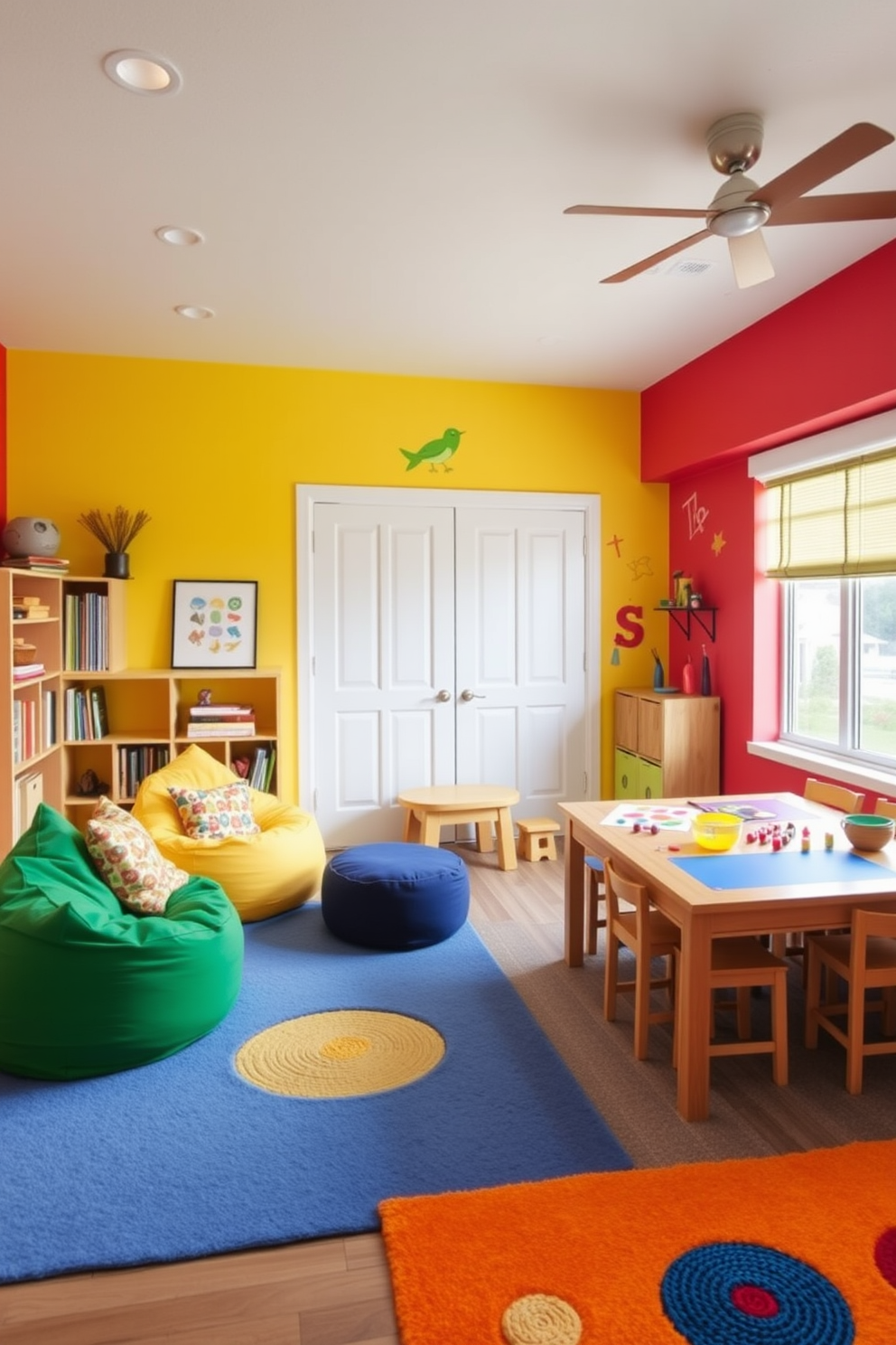 A vibrant playroom designed for creativity and fun. The space features distinct zones including a reading nook with colorful bean bags and a craft area with a large table for art projects. The walls are painted in bright primary colors, and playful decals add a whimsical touch. Soft rugs define each area, providing comfort and a sense of organization throughout the room.