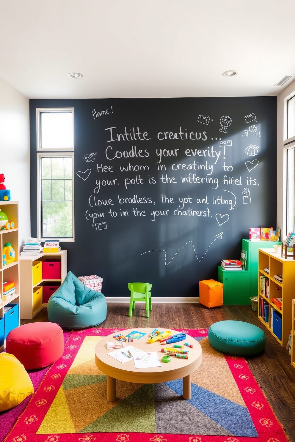 A vibrant playroom featuring a chalkboard wall that invites endless creativity. The space is filled with colorful furniture, including bean bags and a low table for arts and crafts. Brightly colored rugs define different play areas, while shelves hold an array of toys and books. Large windows allow natural light to fill the room, enhancing the cheerful atmosphere.