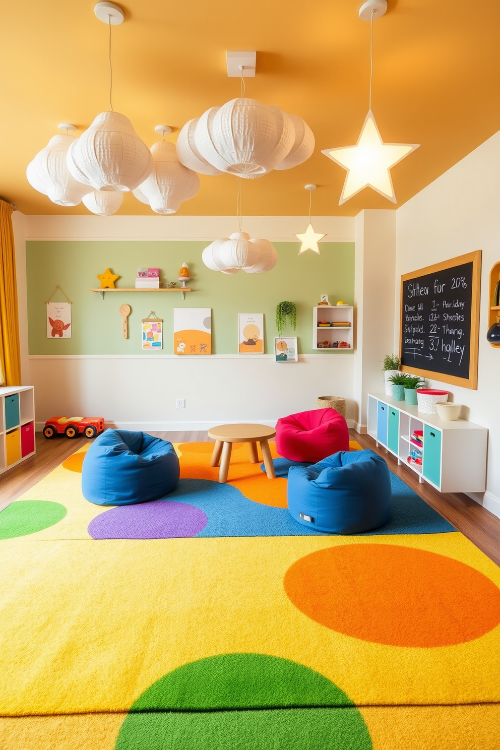 A contemporary playroom filled with vibrant colors and playful decor. The room features a large, soft area rug in bright primary colors and a wall-mounted chalkboard for creativity. In the center, a playful seating area includes bean bags and a small table for games. Unique lighting fixtures in fun shapes, like clouds and stars, hang from the ceiling, casting a warm glow throughout the space.