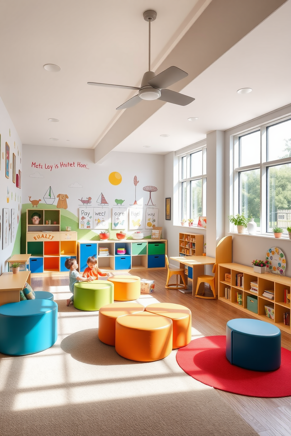 A contemporary playroom features modular furniture that can be easily rearranged to suit various activities. Brightly colored seating options and playful storage solutions create an inviting and functional space for children to explore and play. The walls are adorned with whimsical murals and interactive elements that stimulate creativity. Soft area rugs provide comfort and safety, while ample natural light streams in through large windows, enhancing the cheerful atmosphere.