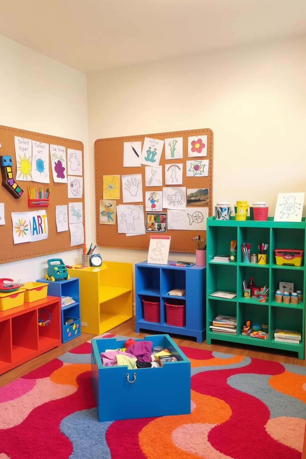 A vibrant art display area filled with colorful children's creations. The walls are painted in a soft pastel hue, and a large corkboard serves as a backdrop for the artwork. Brightly colored shelving units are arranged to showcase various art supplies and finished projects. The floor is covered with a plush, multi-colored rug to create a cozy play space.