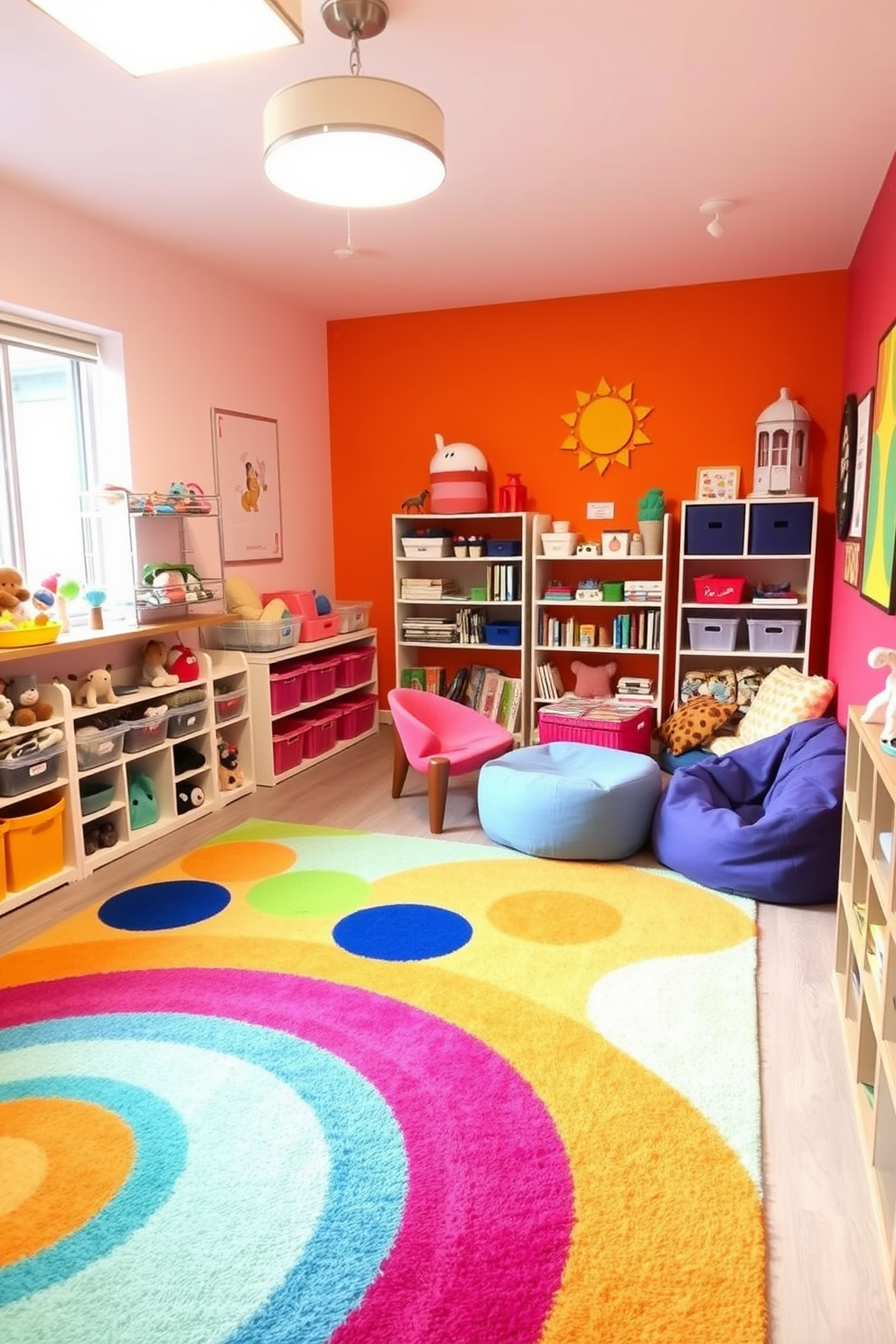 A vibrant playroom designed for sensory exploration features a soft, colorful rug covering the floor, providing a comfortable space for children to play. Shelves filled with various tactile toys and sensory bins are arranged along the walls, encouraging interactive learning and creativity. In one corner, a cozy reading nook is created with oversized cushions and bean bags, inviting kids to dive into their favorite books. Brightly colored wall art and playful decor add an energetic touch, making the room a joyful environment for imaginative play.