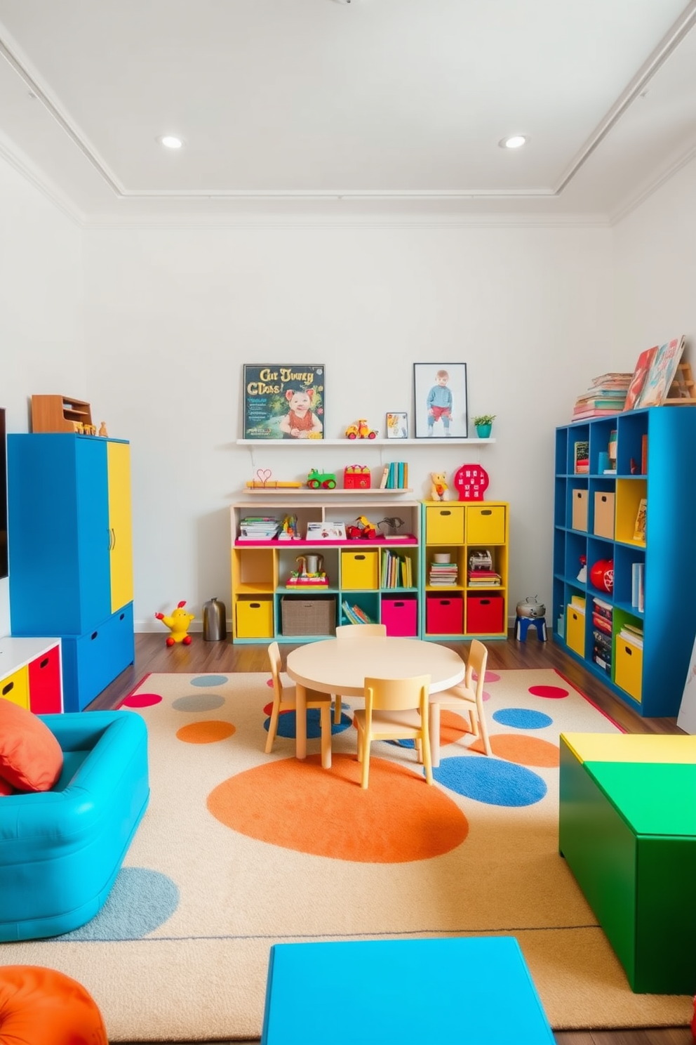 A contemporary playroom filled with bright accent colors. The walls are painted in a soft white, while vibrant furniture pieces in shades of blue, yellow, and red create a playful atmosphere. A large, colorful rug covers the floor, providing a soft area for play. Shelves filled with toys and books are arranged neatly, and a small table with chairs invites creativity and fun.