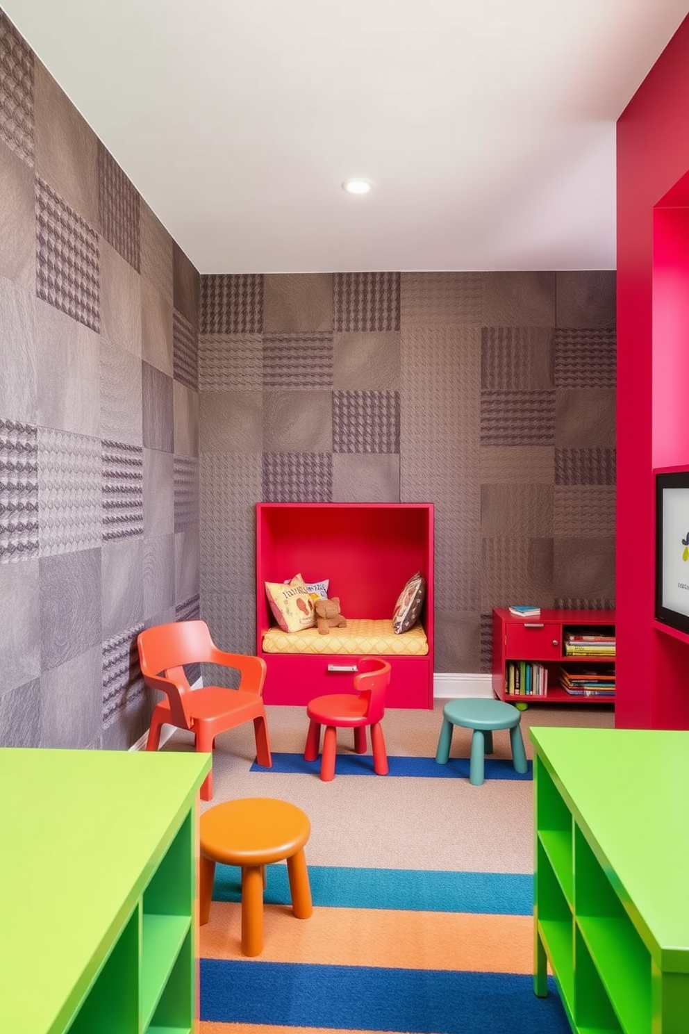 Textured wall panels create a dynamic backdrop in a contemporary playroom. The space features vibrant colors and playful furniture, with a cozy reading nook nestled in one corner.