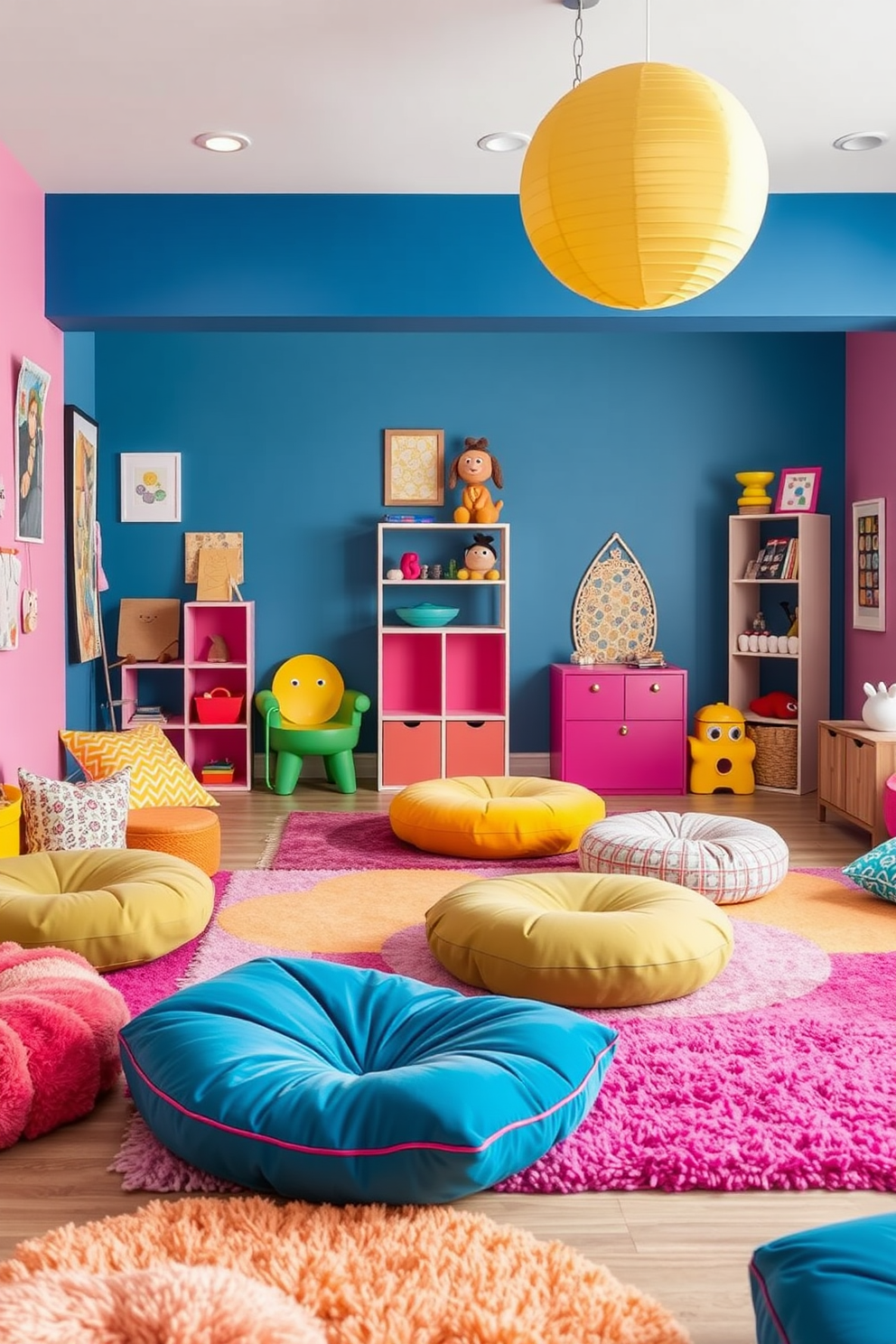 A contemporary playroom filled with vibrant colors and playful elements. The floor is covered with soft, plush area rugs, and scattered around are large, comfortable floor cushions in various shapes and sizes for playtime comfort.