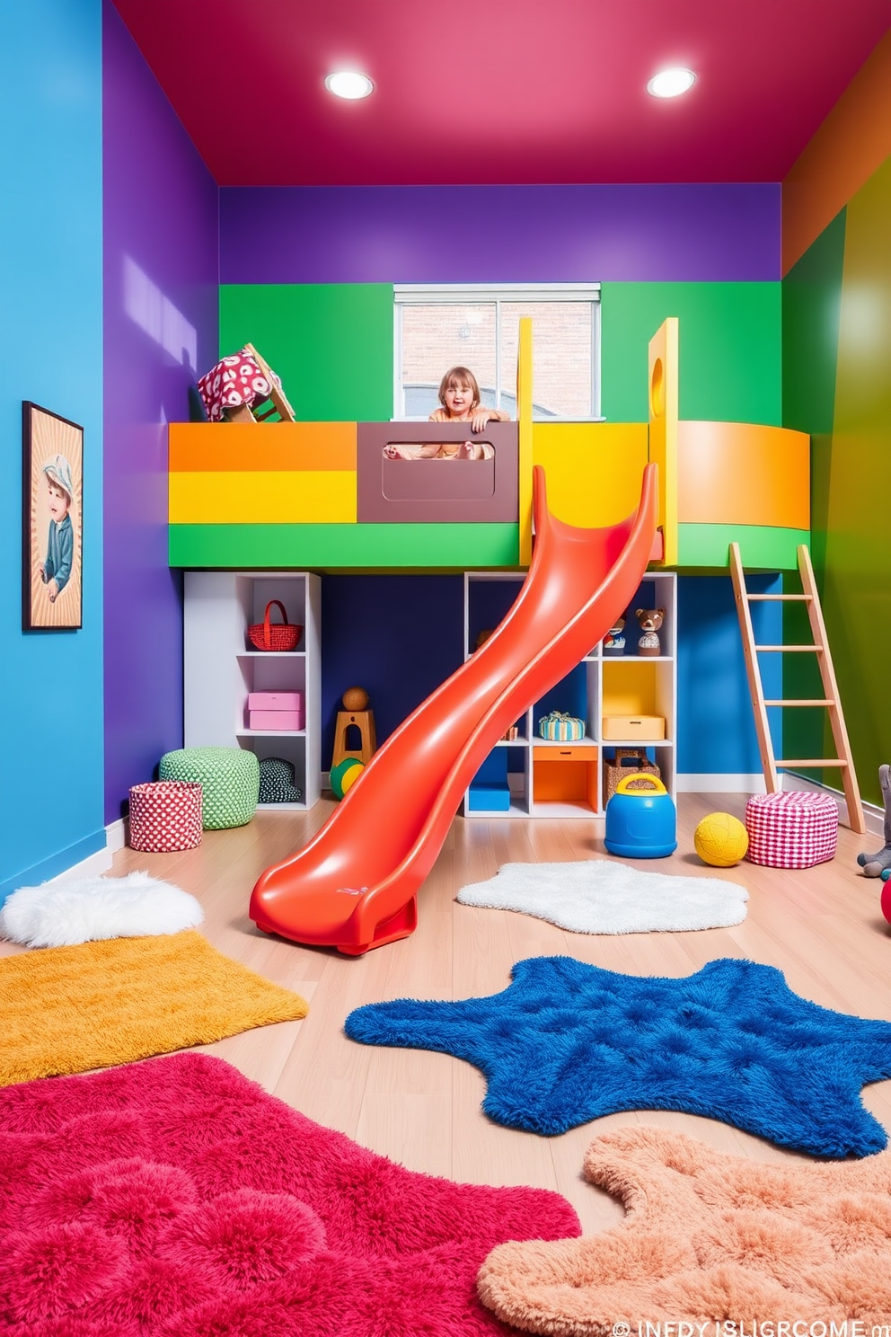 A vibrant contemporary playroom filled with playful elements. A small indoor slide curves gracefully from a colorful lofted play area, inviting children to explore and have fun. The walls are painted in bright primary colors, creating an energetic atmosphere. Plush rugs in various shapes and sizes are scattered across the floor, providing a soft landing for little ones.