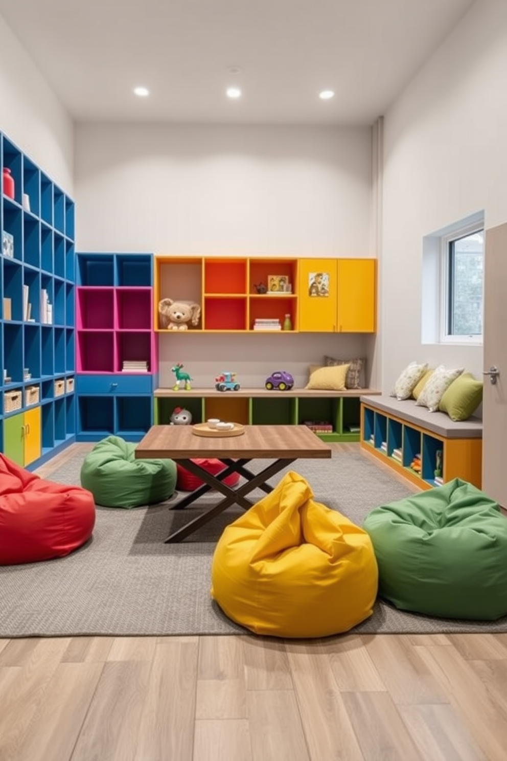 A contemporary playroom featuring multifunctional furniture that maximizes space efficiency. The room includes a foldable table that can be easily stored away, surrounded by colorful bean bags that serve as seating and storage. Brightly colored shelving units line the walls, displaying toys and books while keeping the floor clear for play. A cozy reading nook with a built-in bench and cushions provides a perfect spot for relaxation and creativity.