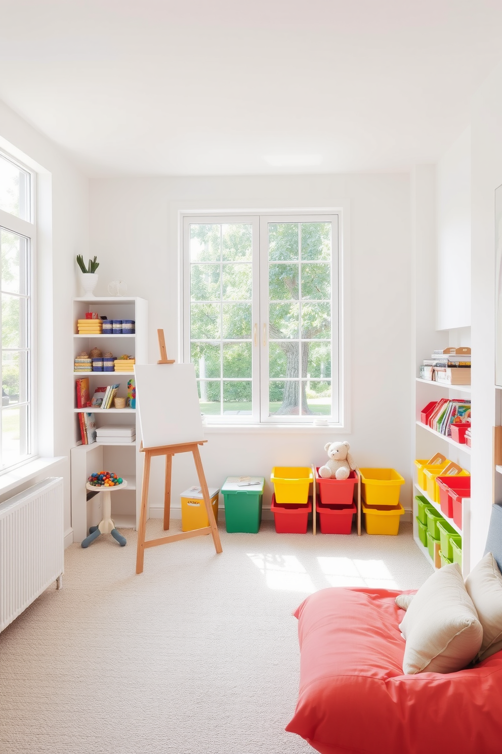 A mini art studio space filled with natural light. The walls are painted in a soft white, and a large window offers a view of a lush garden. An easel stands in one corner with a canvas ready for painting. Shelves lined with art supplies and colorful paints add vibrancy to the room. Contemporary playroom design ideas feature a playful yet sophisticated atmosphere. The flooring is a soft, durable carpet in a neutral tone, providing comfort for children. Brightly colored storage bins are neatly arranged to keep toys organized. A cozy reading nook with plush cushions invites children to explore their imagination.