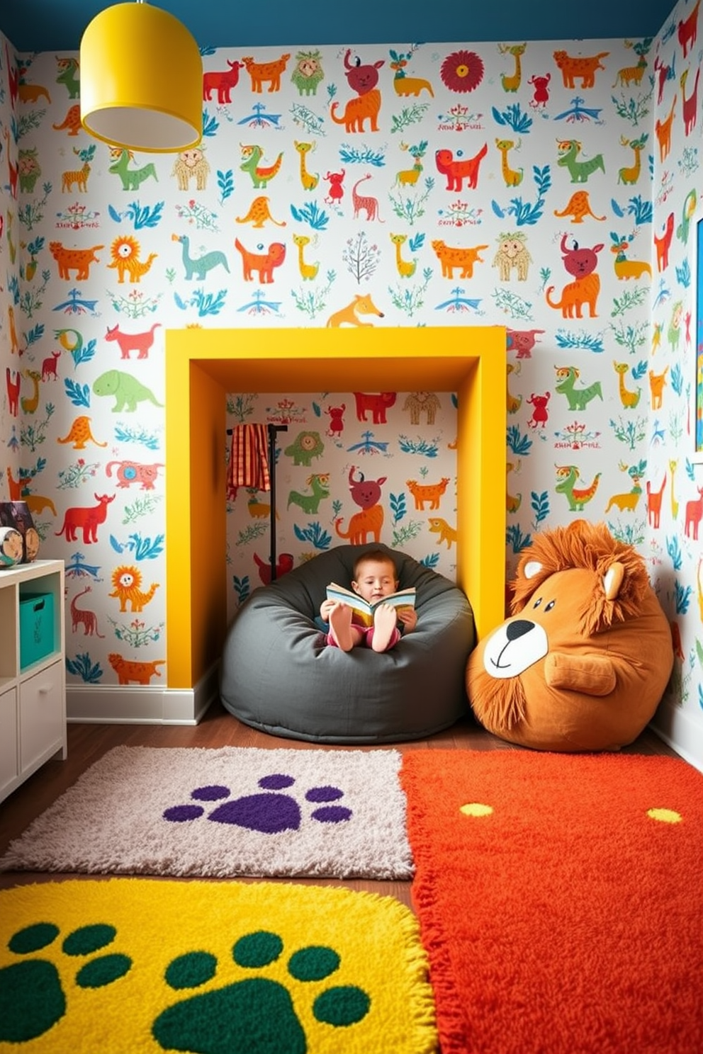 A vibrant playroom filled with playful animal motifs. The walls are adorned with colorful animal-themed wallpaper, featuring whimsical illustrations of various creatures. A cozy reading nook is created with a plush bean bag chair shaped like a lion. Brightly colored rugs with paw print patterns cover the floor, adding warmth and fun to the space.