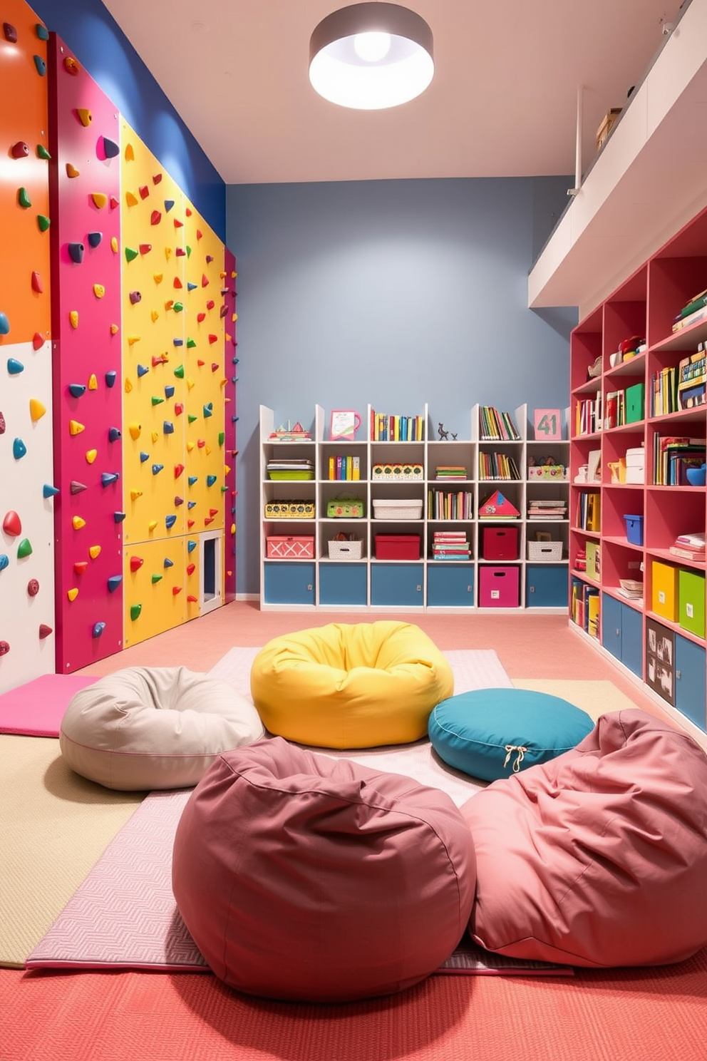 A contemporary playroom designed for fun features a vibrant climbing wall that spans one side of the room, encouraging active play and exploration. The walls are painted in bright colors, and the floor is covered with soft, cushioned mats to ensure safety during playtime. In the center of the room, a large, cozy seating area with bean bags and floor cushions invites relaxation and social interaction. Shelving units filled with colorful toys and books are strategically placed to keep the space organized and engaging for children.