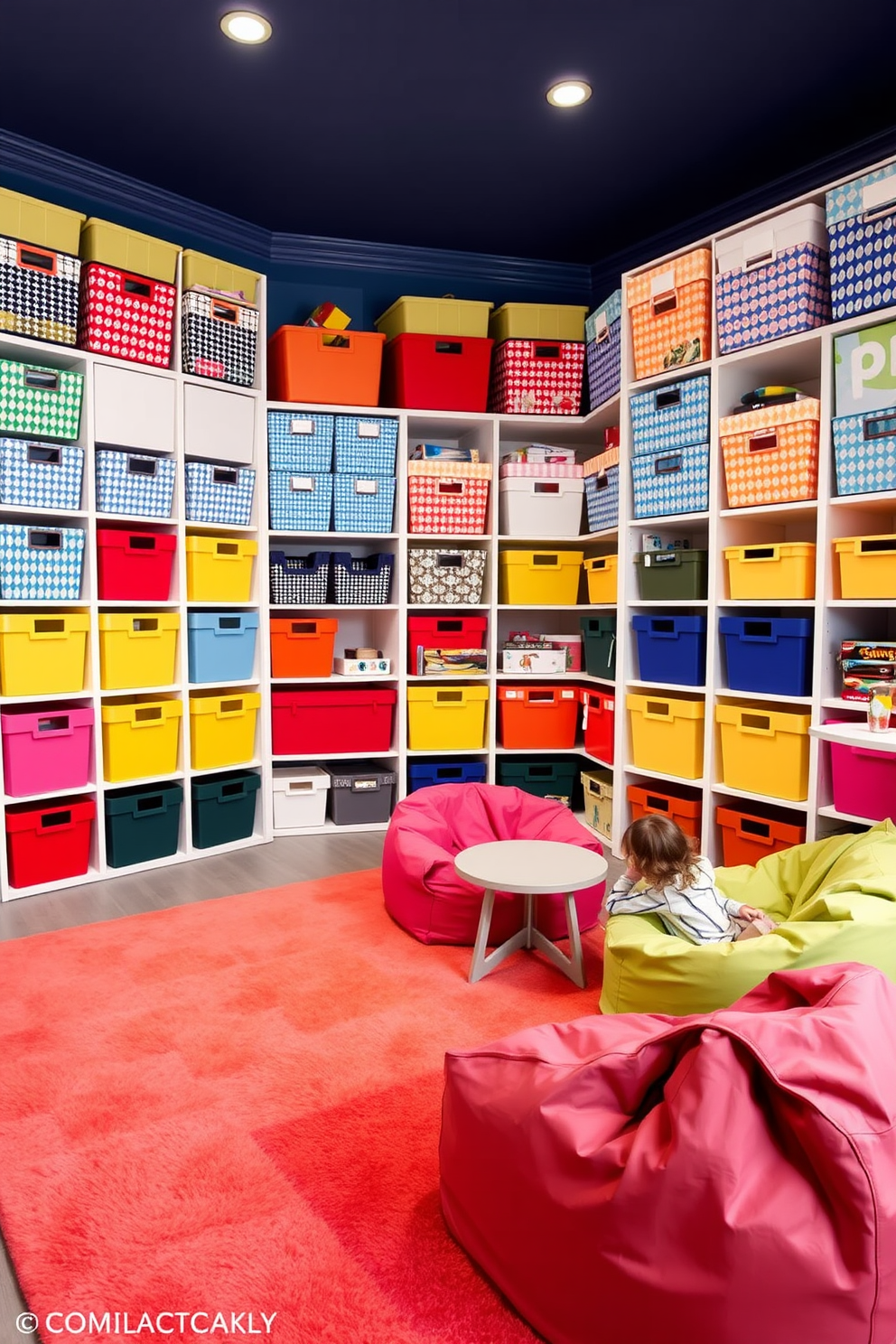 Stylish storage bins are arranged neatly along the walls of a vibrant playroom. The bins, in various colors and patterns, provide a cheerful yet organized atmosphere for toys and games. The playroom features a soft area rug in bright hues, creating a cozy space for play. A comfortable seating area with bean bags and a small table encourages creativity and collaboration among children.