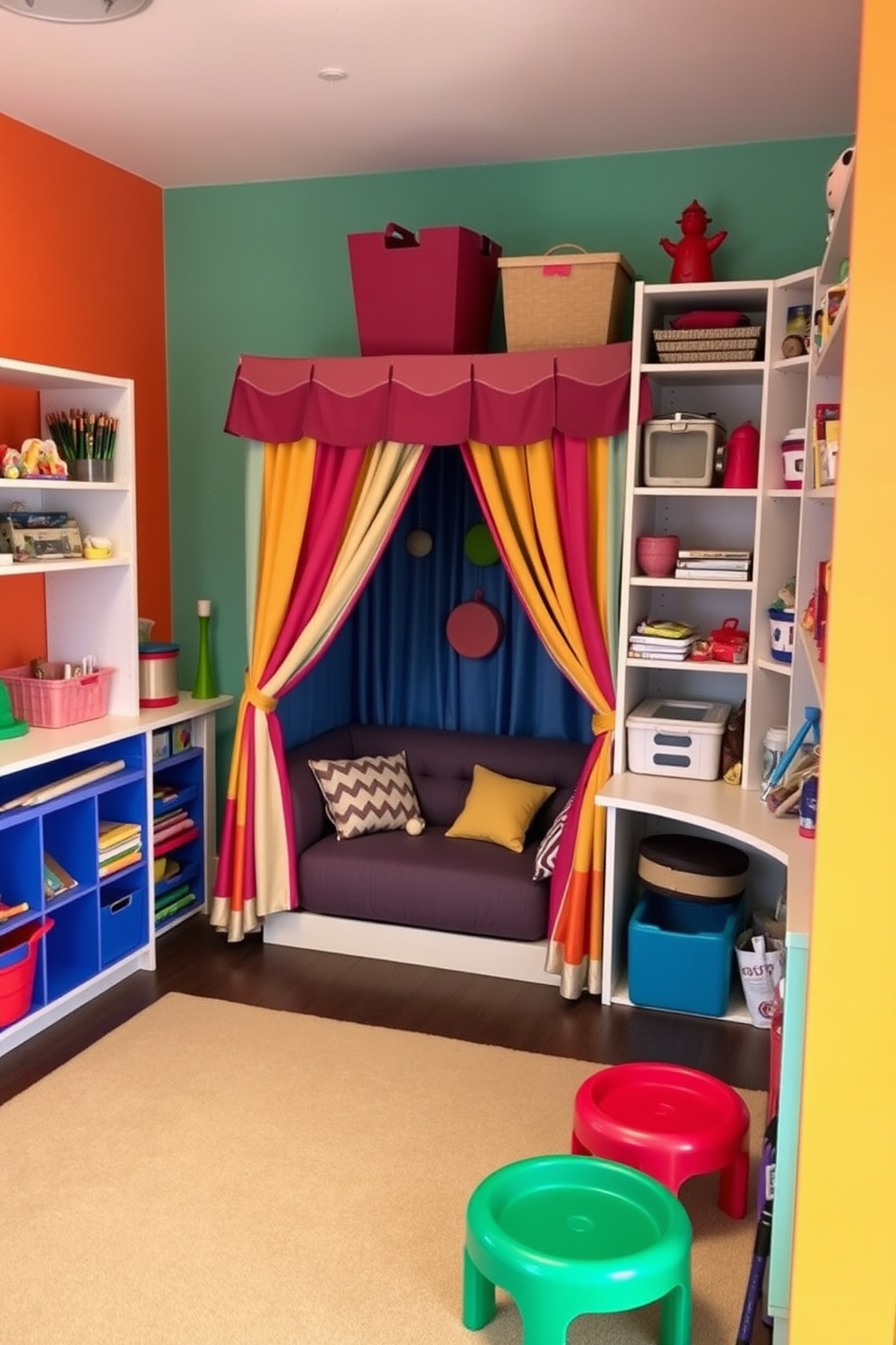 A vibrant playroom designed for creativity and fun. The space features a cozy puppet theater area with colorful curtains and a small stage, surrounded by soft seating and playful decor. Brightly colored walls enhance the cheerful atmosphere, while a variety of toys and art supplies are neatly organized in open shelving. A large area rug provides a comfortable space for children to play and engage in imaginative activities.