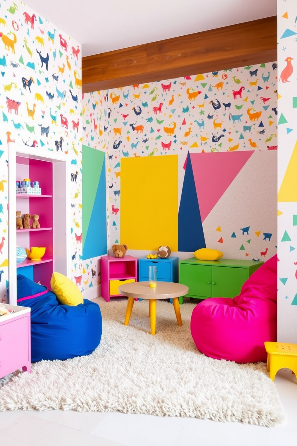 A vibrant playroom filled with playful wallpaper designs. The walls are adorned with whimsical patterns featuring animals and geometric shapes, creating an energetic atmosphere. Brightly colored furniture pieces, including a large beanbag and a low table, invite children to sit and play. A soft, plush rug covers the floor, providing a comfortable space for various activities.