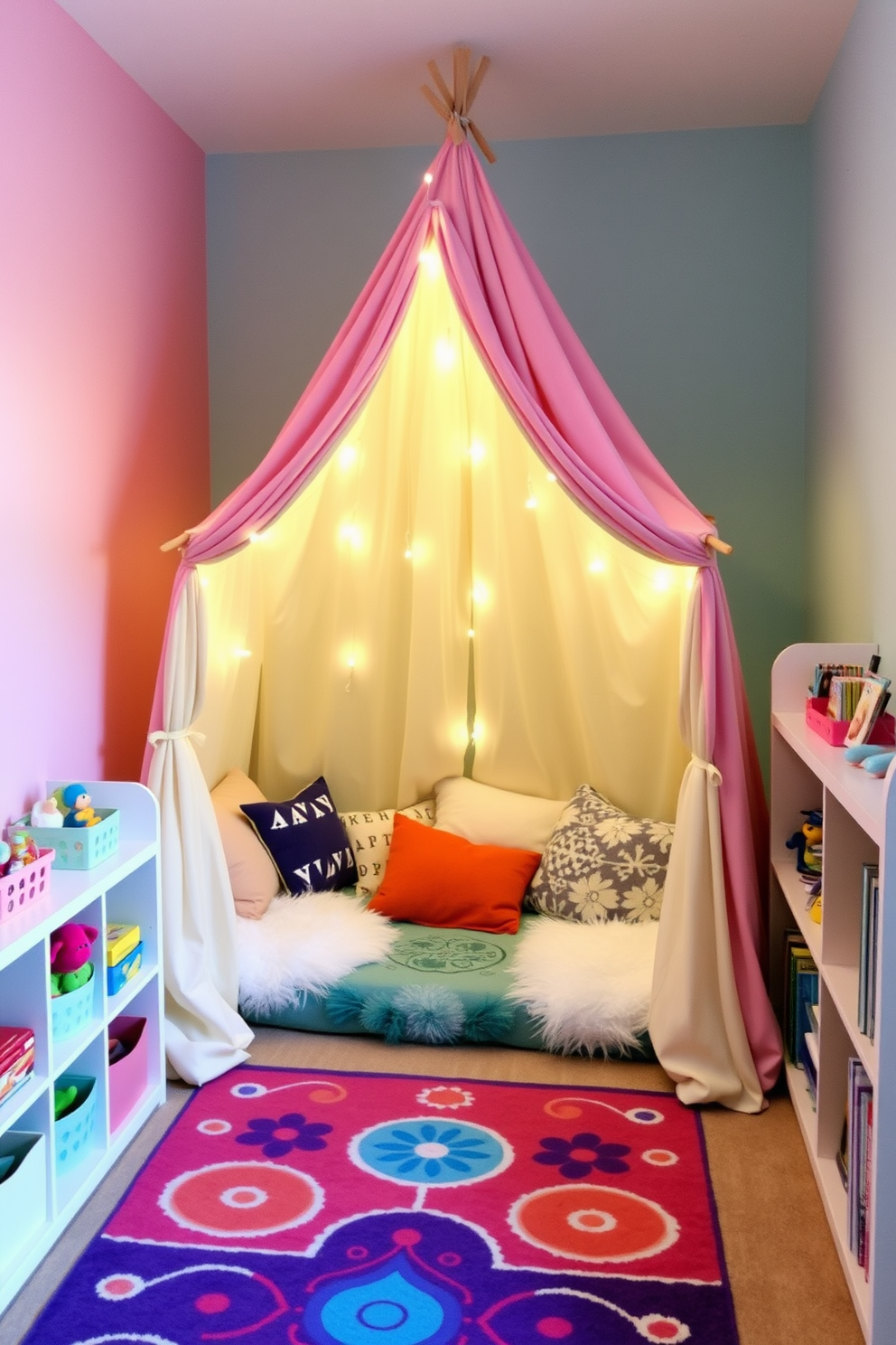 A whimsical play tent area designed for children. The tent is made of soft, colorful fabric and is filled with plush cushions and fairy lights for a magical atmosphere. Surrounding the tent, the playroom features a bright rug with playful patterns and low shelving filled with toys and books. The walls are painted in cheerful pastel colors, creating an inviting space for creativity and imagination.