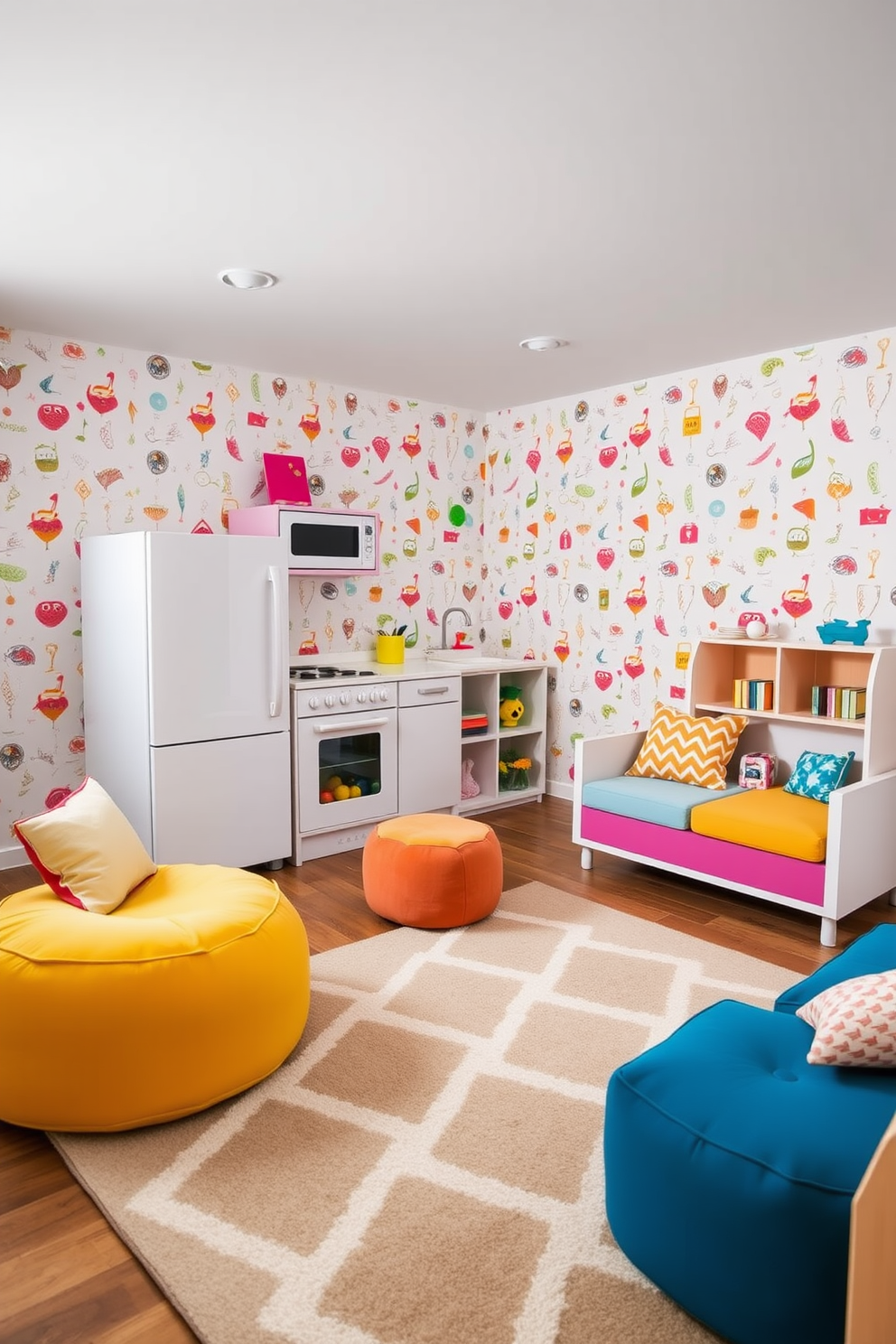 A contemporary playroom designed for pretend play features a small kitchenette with a sleek white finish and colorful accents. The kitchenette includes a miniature stove, refrigerator, and sink, all arranged against a playful wallpaper backdrop filled with whimsical patterns. The space is filled with soft, plush seating in vibrant colors, inviting children to relax and engage in imaginative activities. A large area rug with geometric designs anchors the room, providing a comfortable surface for playtime adventures.