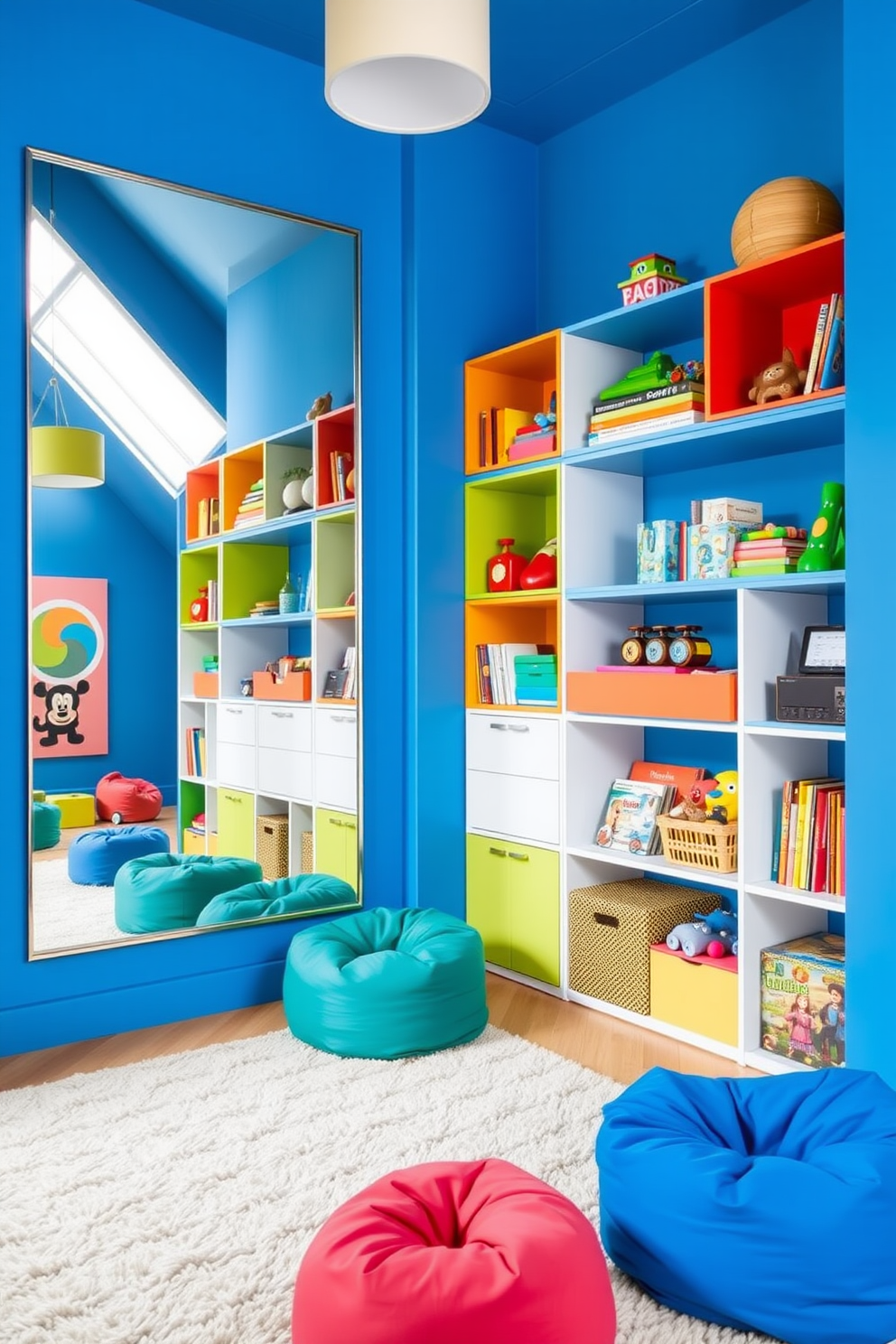 A contemporary playroom features bright colors and playful decor that stimulate creativity. Large mirrors are strategically placed to enhance the perception of space, making the room feel larger and more inviting. The walls are painted in a vibrant blue, complemented by colorful shelving filled with toys and books. A soft area rug provides a comfortable play surface, while a few bean bags offer cozy seating for children.