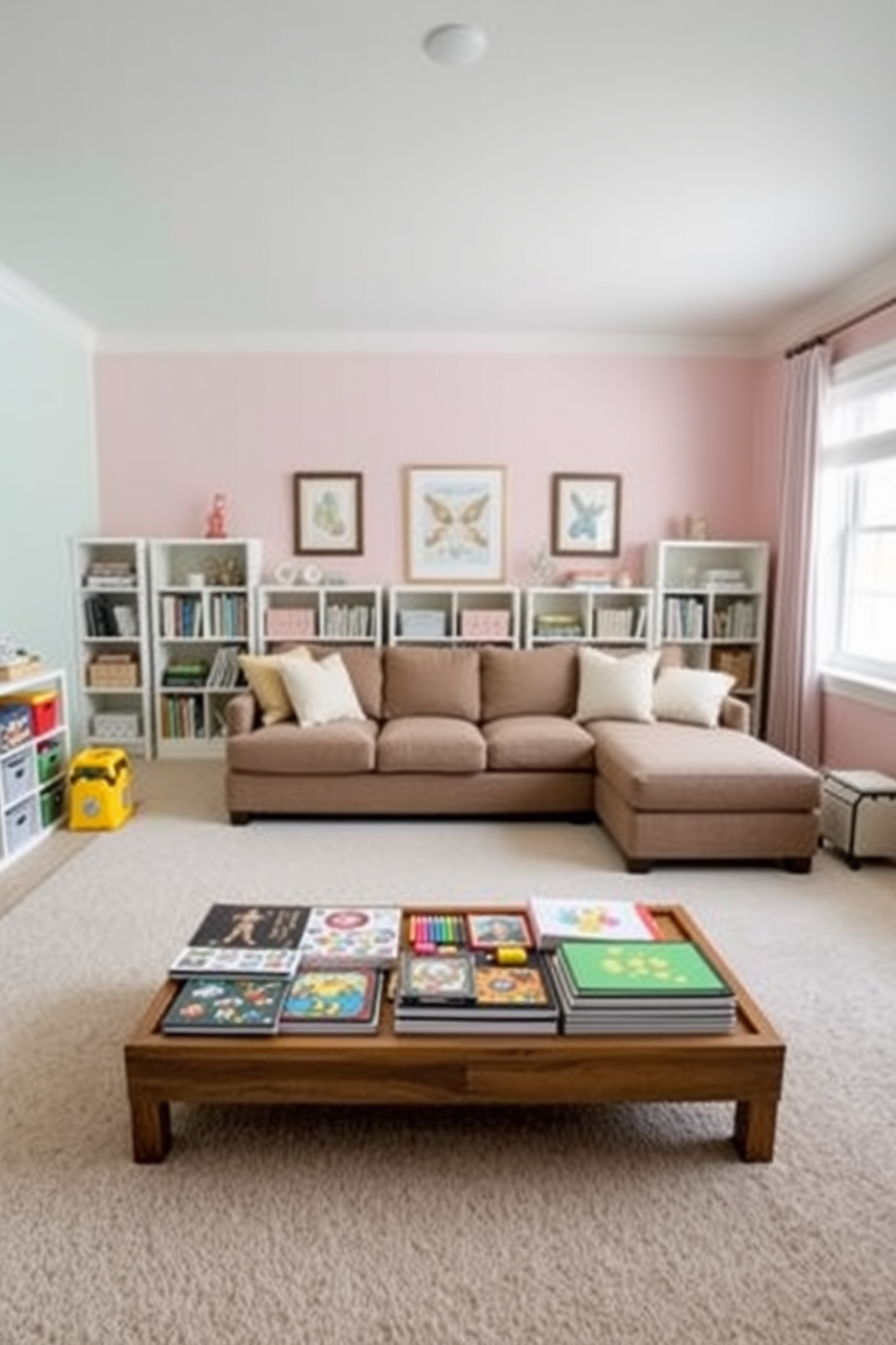 A contemporary playroom designed with a soft pastel color palette creates a calming effect. The walls are painted in light shades of mint green and pale pink, while the flooring features a plush, neutral-toned carpet. In the center of the room, a large, comfortable sectional sofa is adorned with colorful throw pillows. A low wooden coffee table holds an assortment of children's books and art supplies, inviting creativity and play.