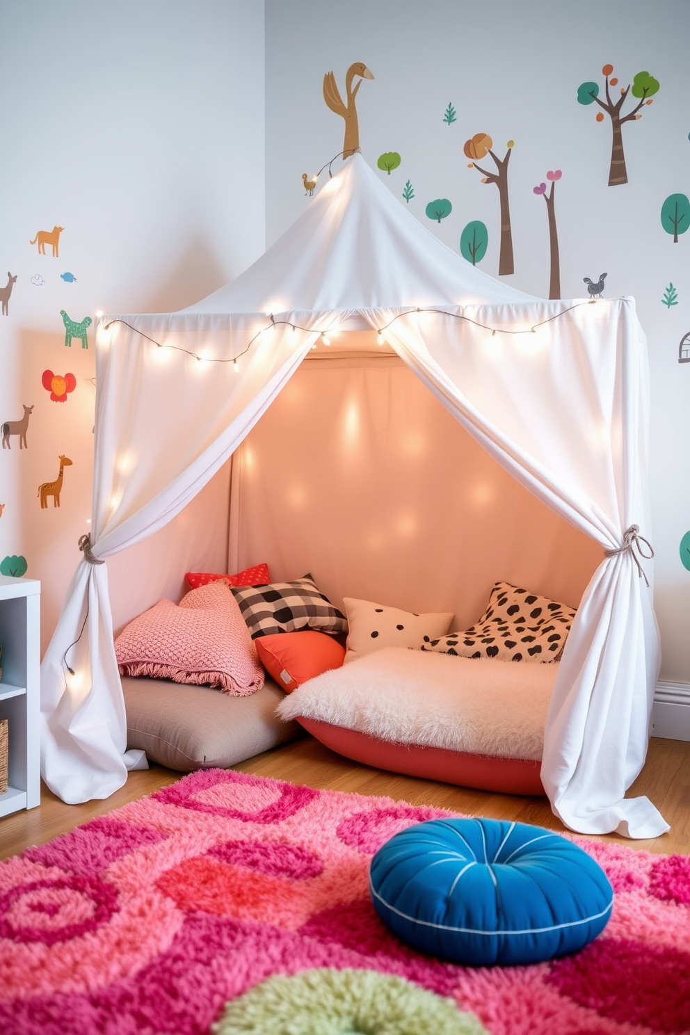 Create a cozy fort area with blankets and cushions nestled in the corner of a bright playroom. Soft fairy lights are draped across the top, creating a warm and inviting atmosphere for children to enjoy their imaginative adventures. The playroom features colorful wall decals of animals and trees, adding a playful touch to the space. A plush rug in vibrant colors covers the floor, providing a comfortable area for play and relaxation.