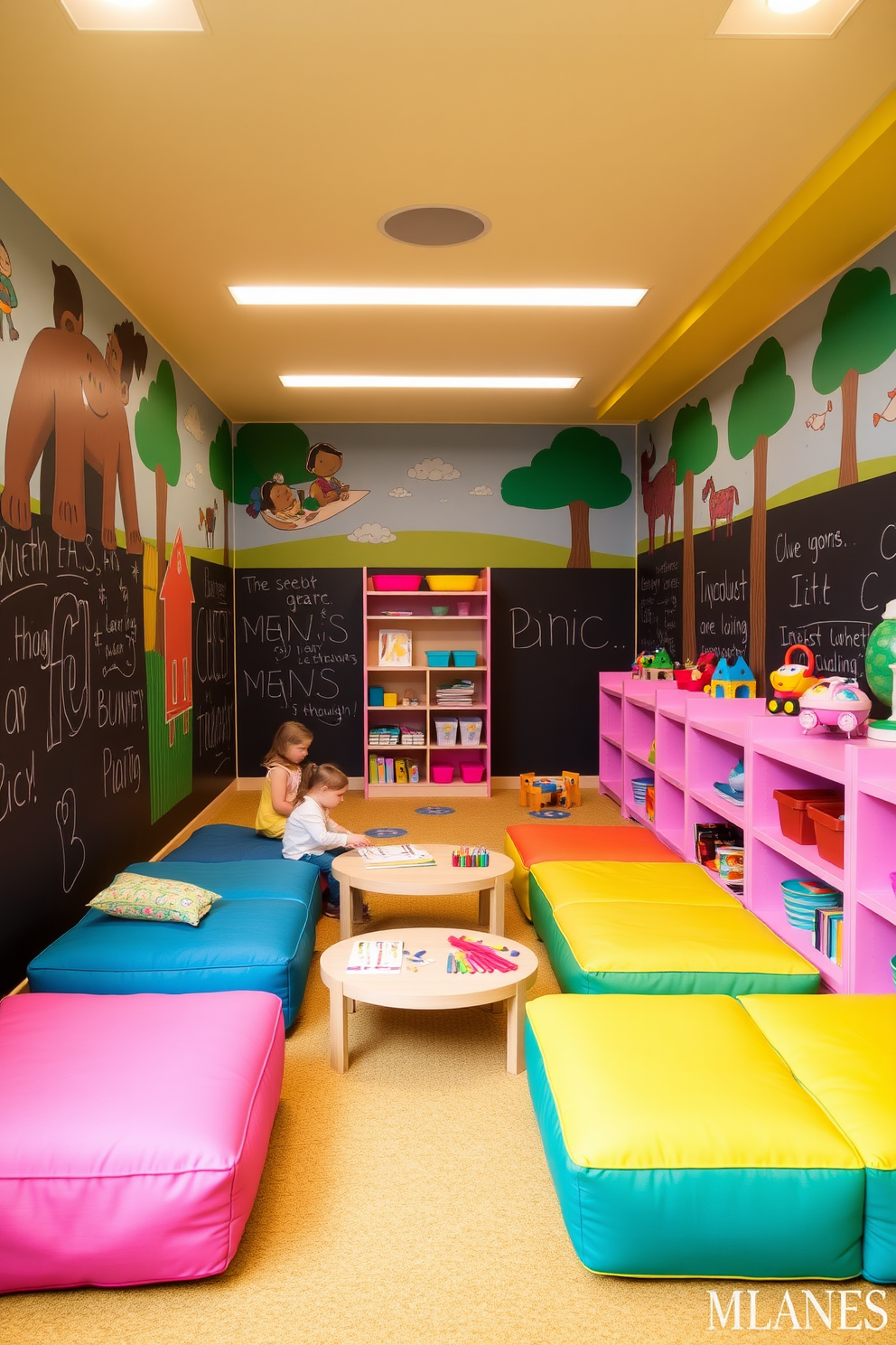 A vibrant playroom filled with interactive wall art that encourages creativity and exploration. The walls are adorned with colorful murals and chalkboard sections where children can draw and express themselves freely. The room features soft, modular seating in bright colors and a variety of textures to create a comfortable environment. Shelves filled with art supplies and playful toys are easily accessible, inviting children to engage in imaginative play.