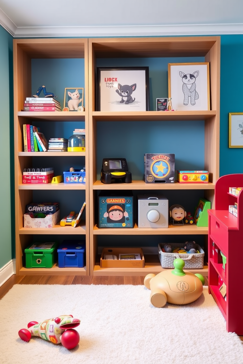 A contemporary playroom features open shelving that allows for easy access to toys and games. The bright walls are adorned with playful artwork, and a soft rug provides a cozy area for play.