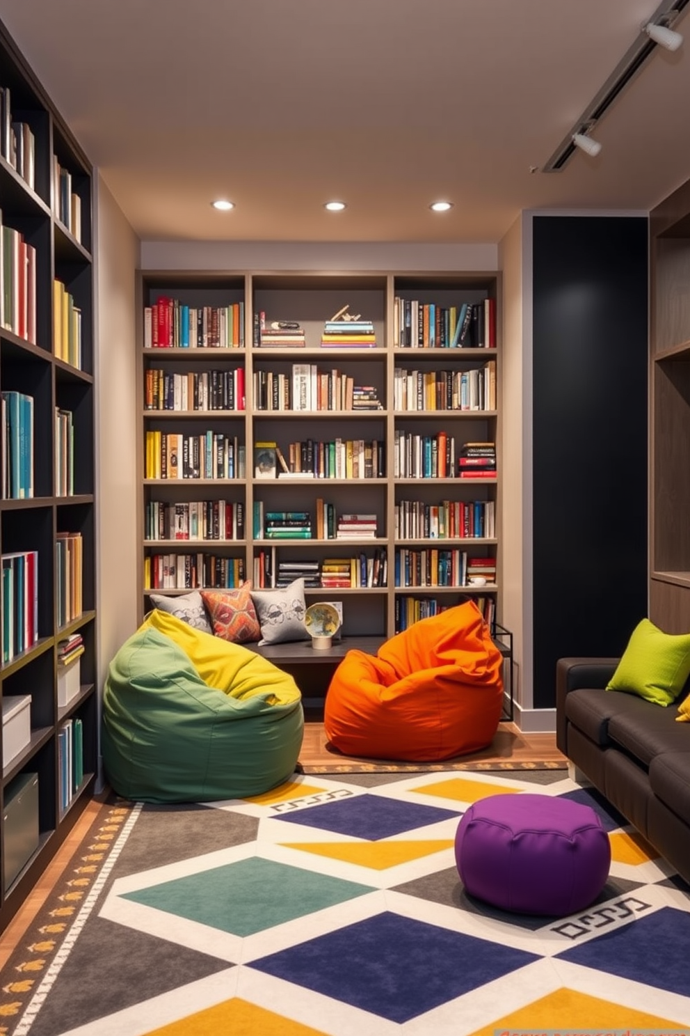 Cozy reading nook with bean bags. A small corner is filled with soft bean bags in vibrant colors, surrounded by built-in bookshelves filled with an array of books. Contemporary playroom design ideas. The room features sleek furniture with playful accents, including a large rug in geometric patterns and a wall-mounted chalkboard for creative expression.